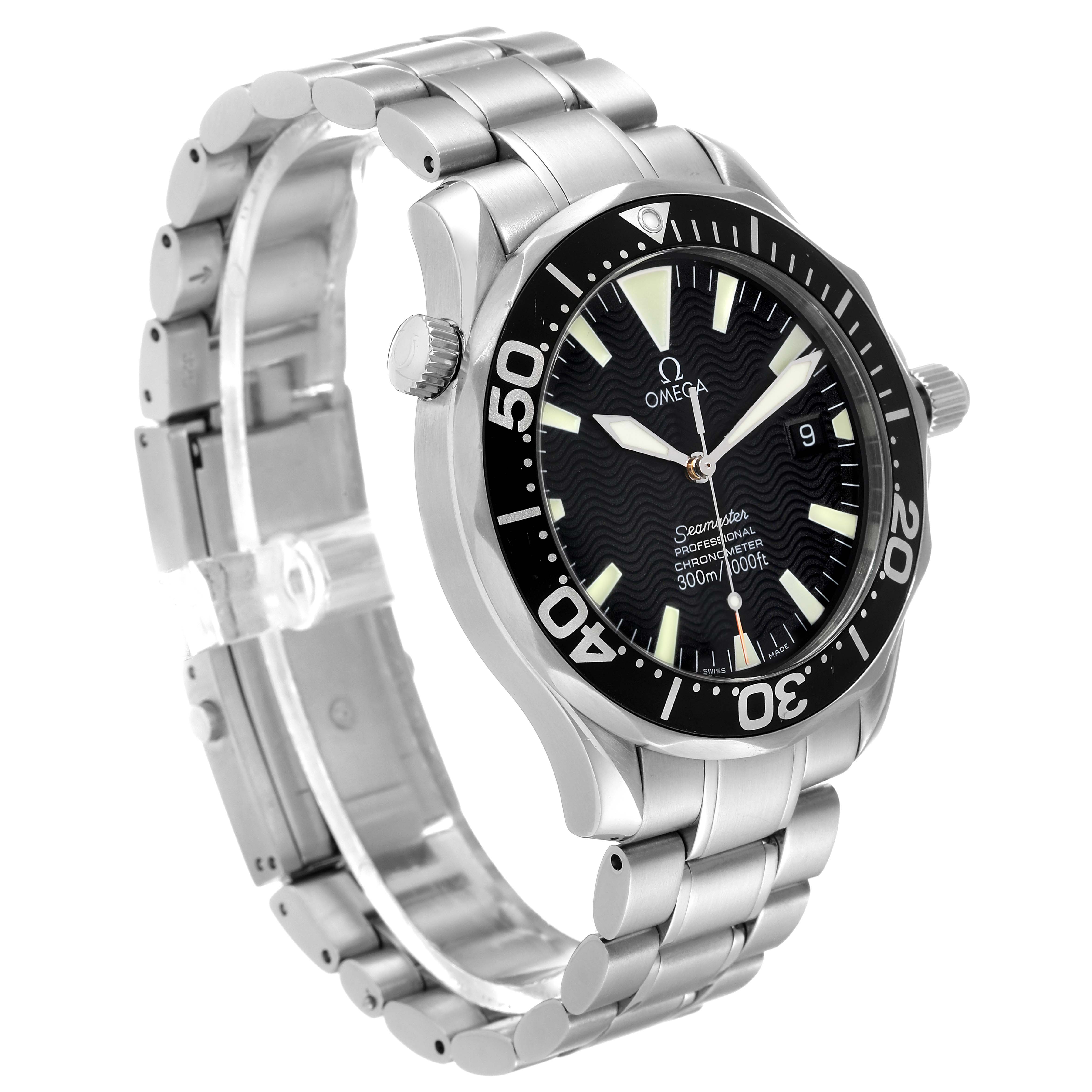 The image shows a side angle of the Omega Seamaster 2254.50.00 Men's Stainless Steel Black Dial 2254.50.00 Men's Stainless Steel Black Dial watch, highlighting its bezel, crown, dial, and stainless steel bracelet.