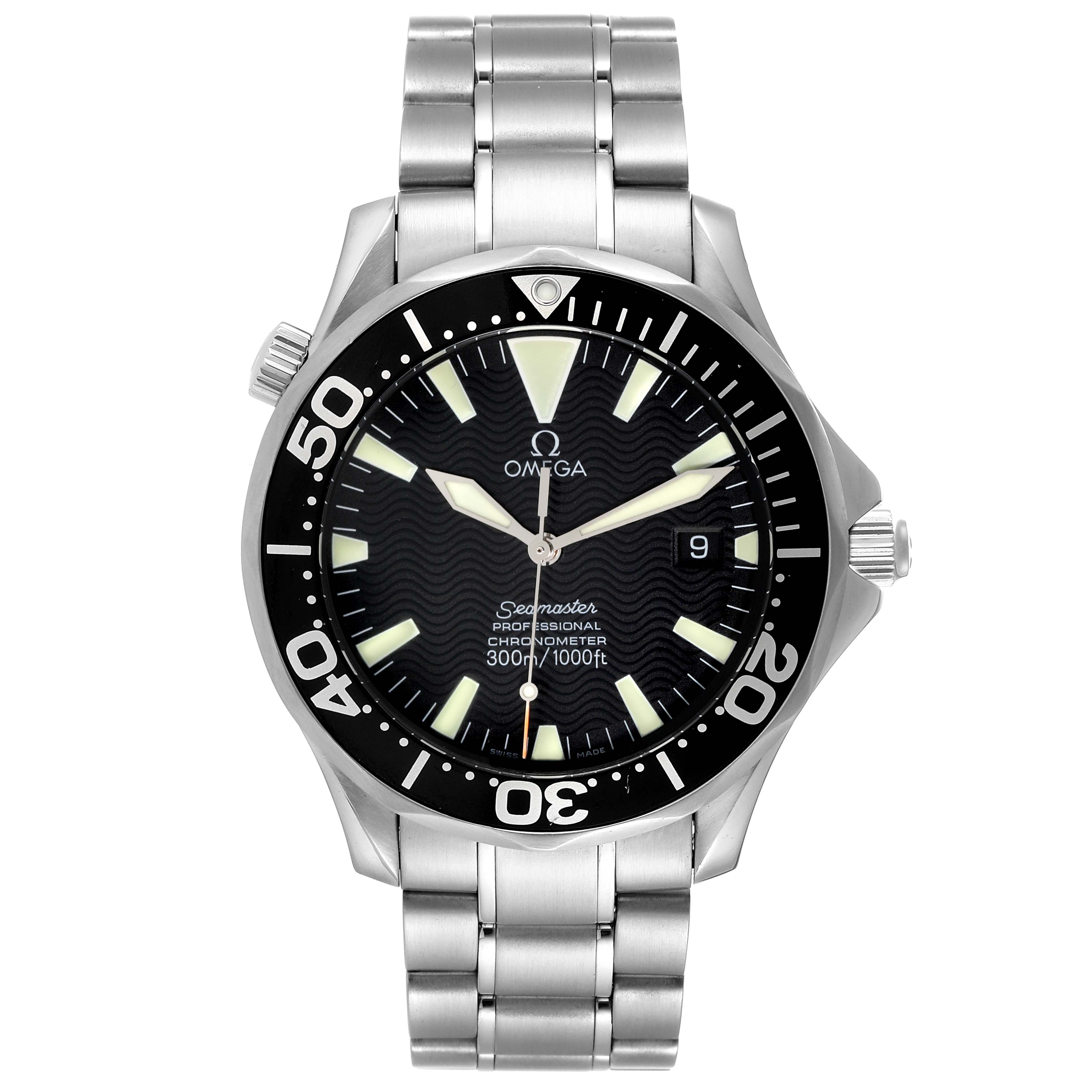 The image shows a front view of the Omega Seamaster 2254.50.00 Men's Stainless Steel Black Dial 2254.50.00 Men's Stainless Steel Black Dial watch, highlighting its face, bezel, and stainless steel bracelet.