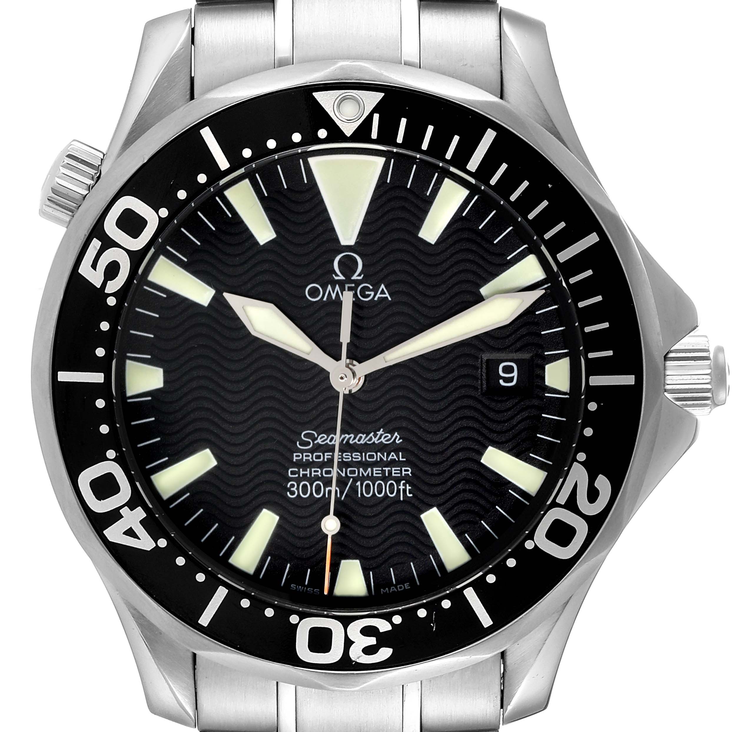 The image shows a front view of the Omega Seamaster 2254.50.00 Men's Stainless Steel Black Dial 2254.50.00 Men's Stainless Steel Black Dial watch, displaying the dial, bezel, and part of the bracelet.