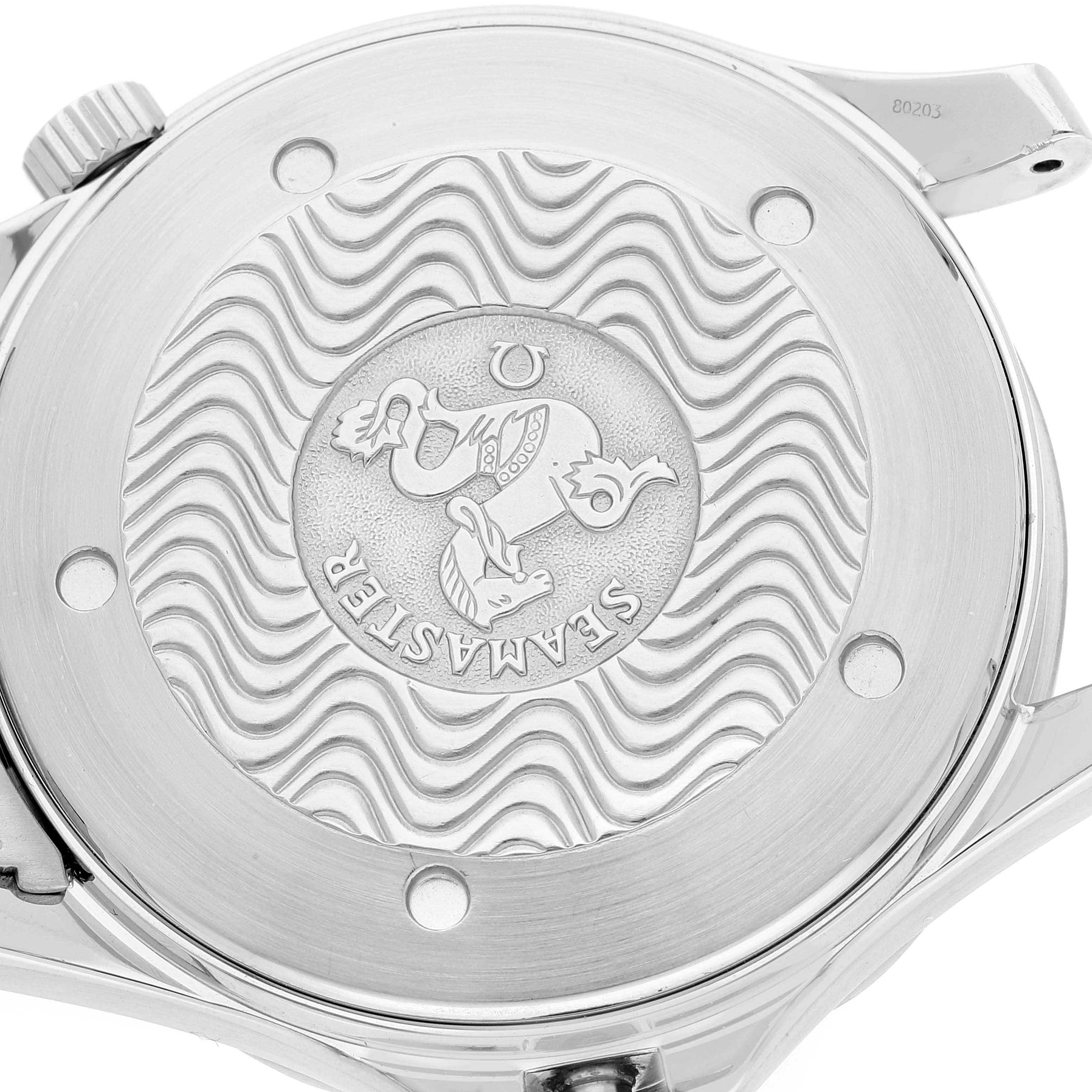 The image shows the case back of an Omega Seamaster 2254.50.00 Men's Stainless Steel Black Dial 2254.50.00 Men's Stainless Steel Black Dial watch, displaying its engraved design.