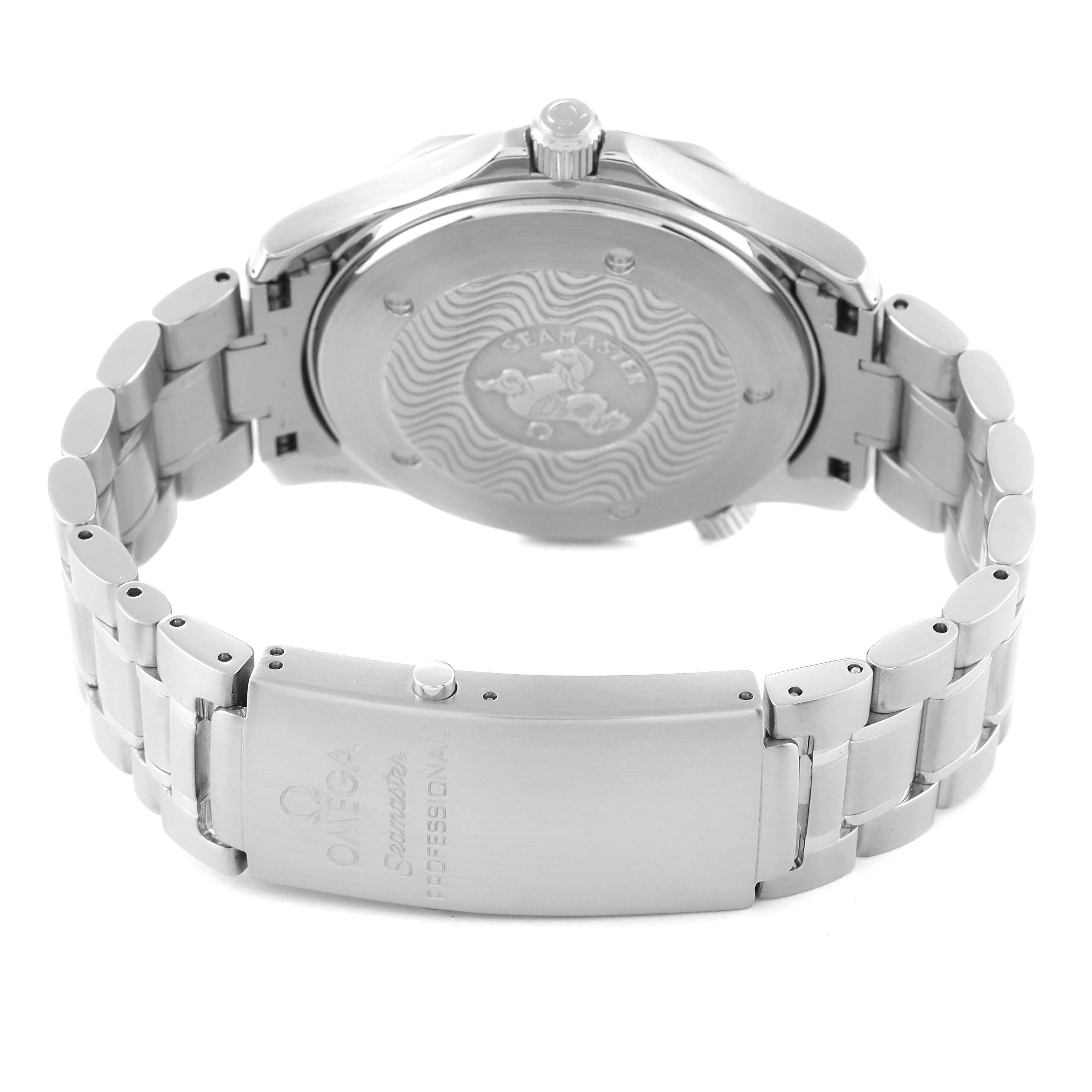 The image shows the back case and clasp of the Omega Seamaster 2254.50.00 Men's Stainless Steel Black Dial 2254.50.00 Men's Stainless Steel Black Dial watch, emphasizing its branding and metal bracelet.