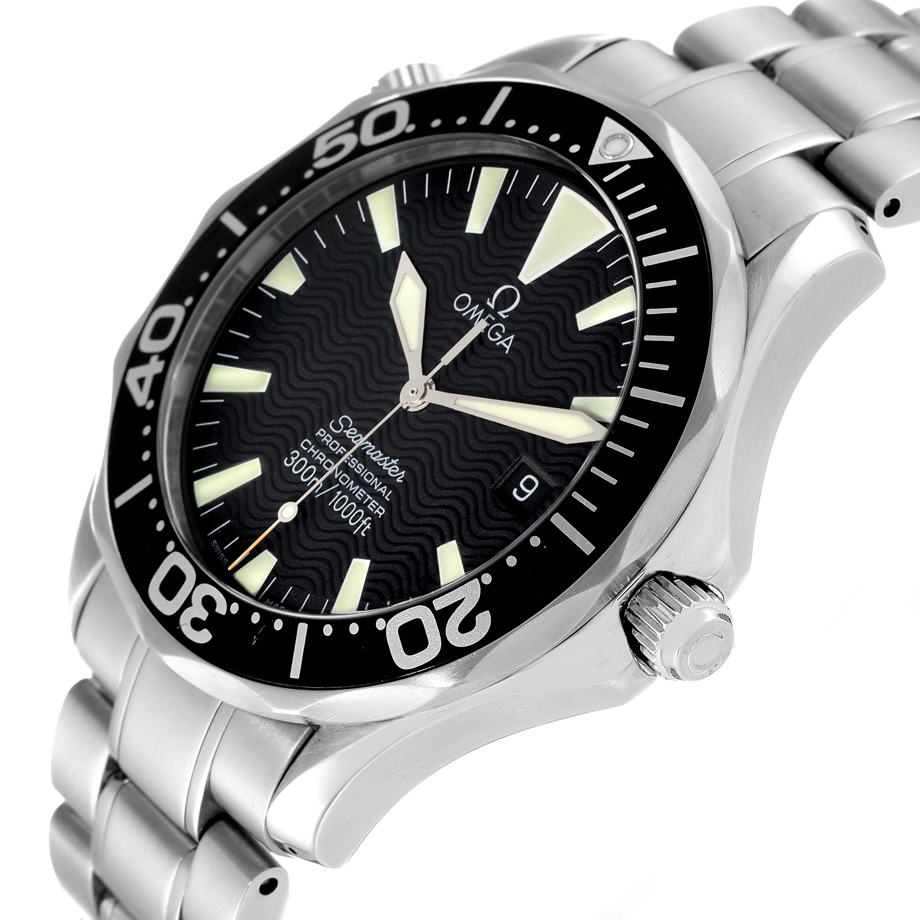 The image shows an angled view of the Omega Seamaster 2254.50.00 Men's Stainless Steel Black Dial 2254.50.00 Men's Stainless Steel Black Dial watch, highlighting its bezel, dial, crown, and bracelet.