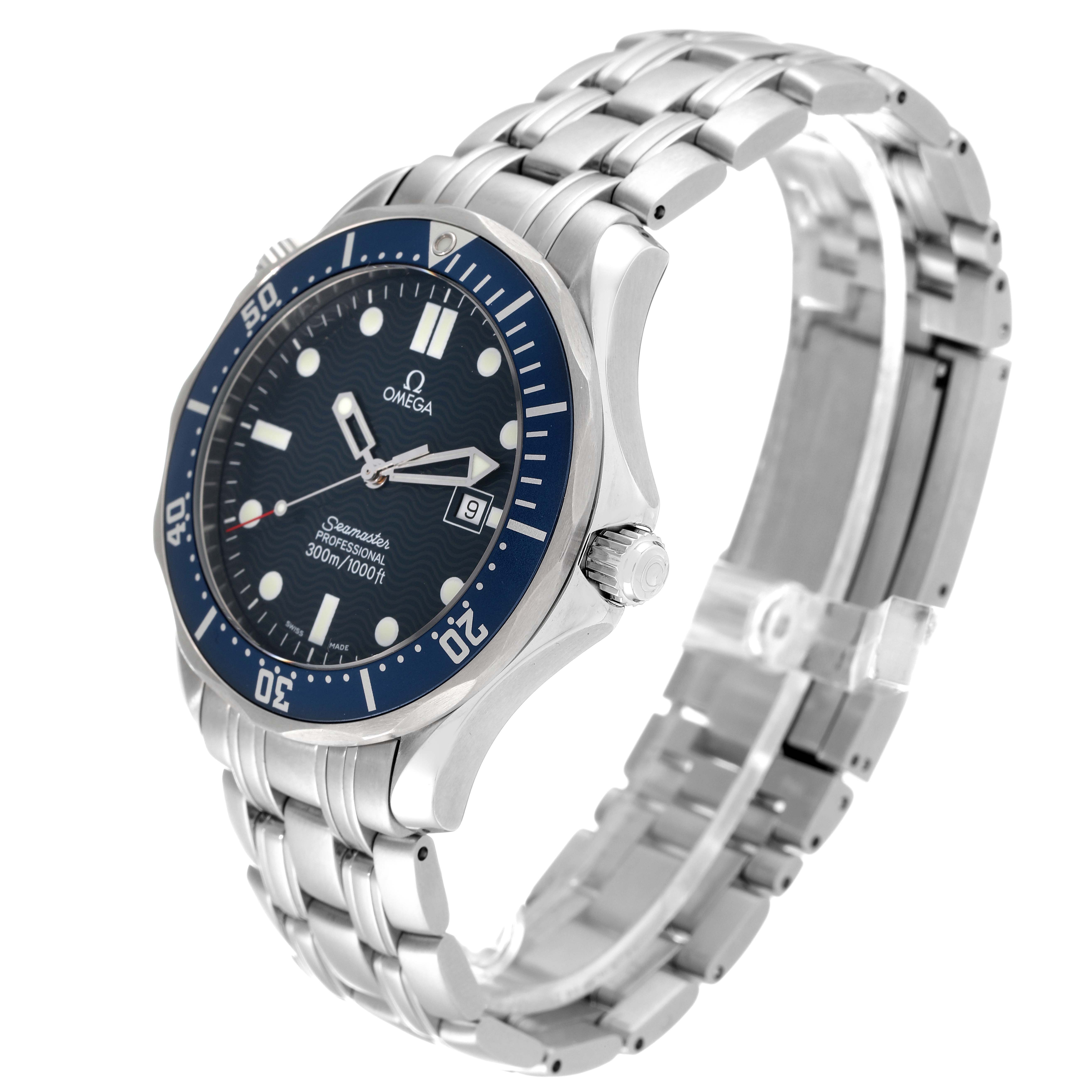 The image shows an angled view of the Omega Seamaster 2541.80.00 Men's Stainless Steel Blue Dial 2541.80.00 Men's Stainless Steel Blue Dial watch, displaying the face, bezel, crown, and metal bracelet.