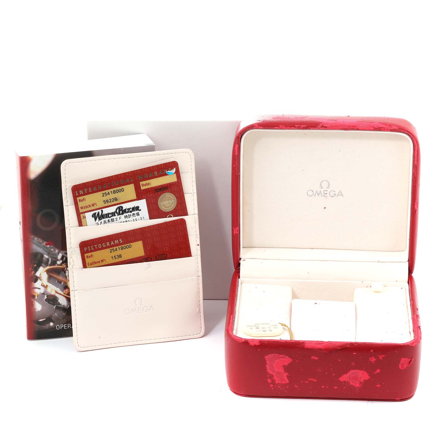 The image shows a red Omega Seamaster 2541.80.00 Men's Stainless Steel Blue Dial 2541.80.00 Men's Stainless Steel Blue Dial watch box, pictograms, warranty cards, and an instruction manual.