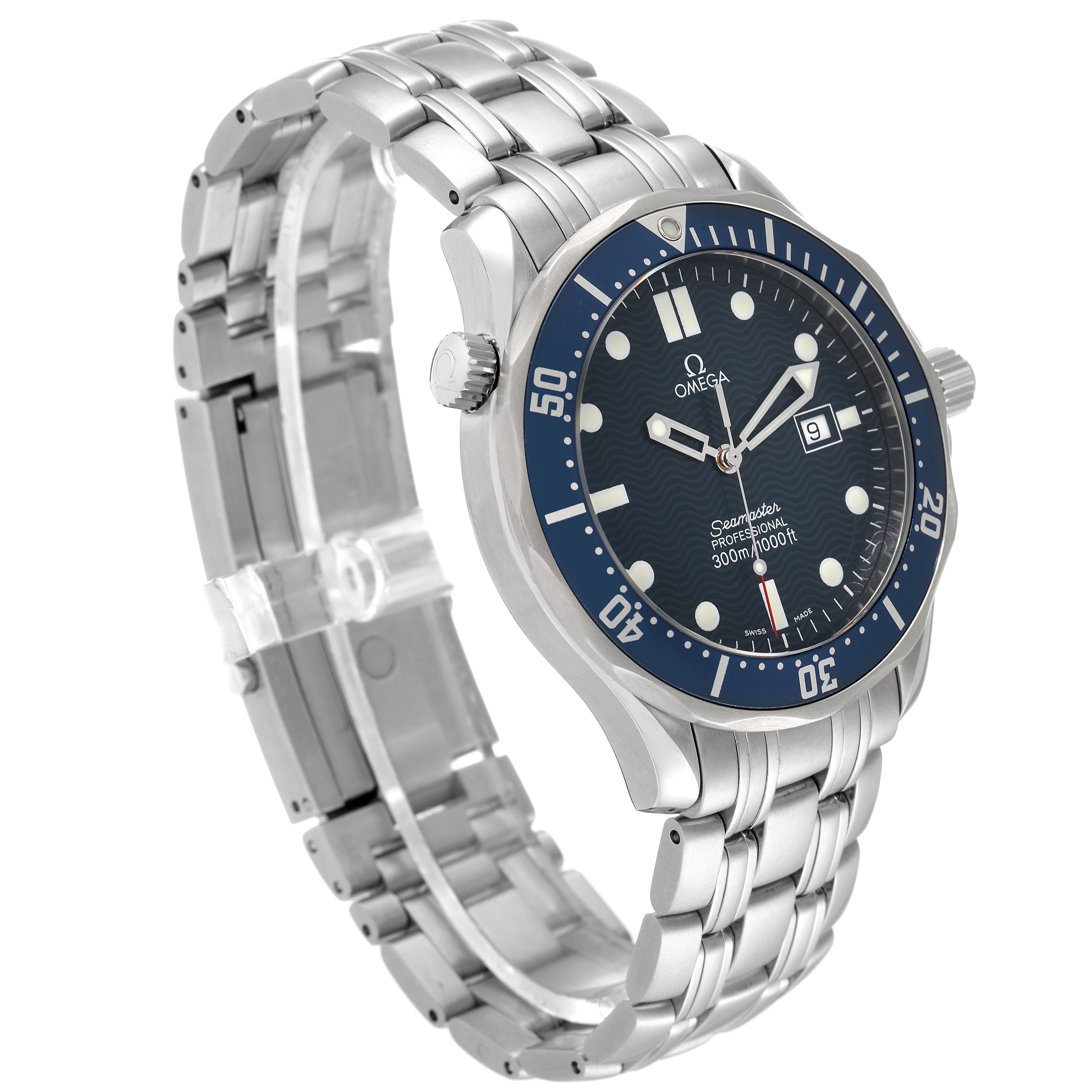 This image shows an Omega Seamaster 2541.80.00 Men's Stainless Steel Blue Dial 2541.80.00 Men's Stainless Steel Blue Dial watch from a front-left angle, highlighting its bracelet, bezel, and dial.