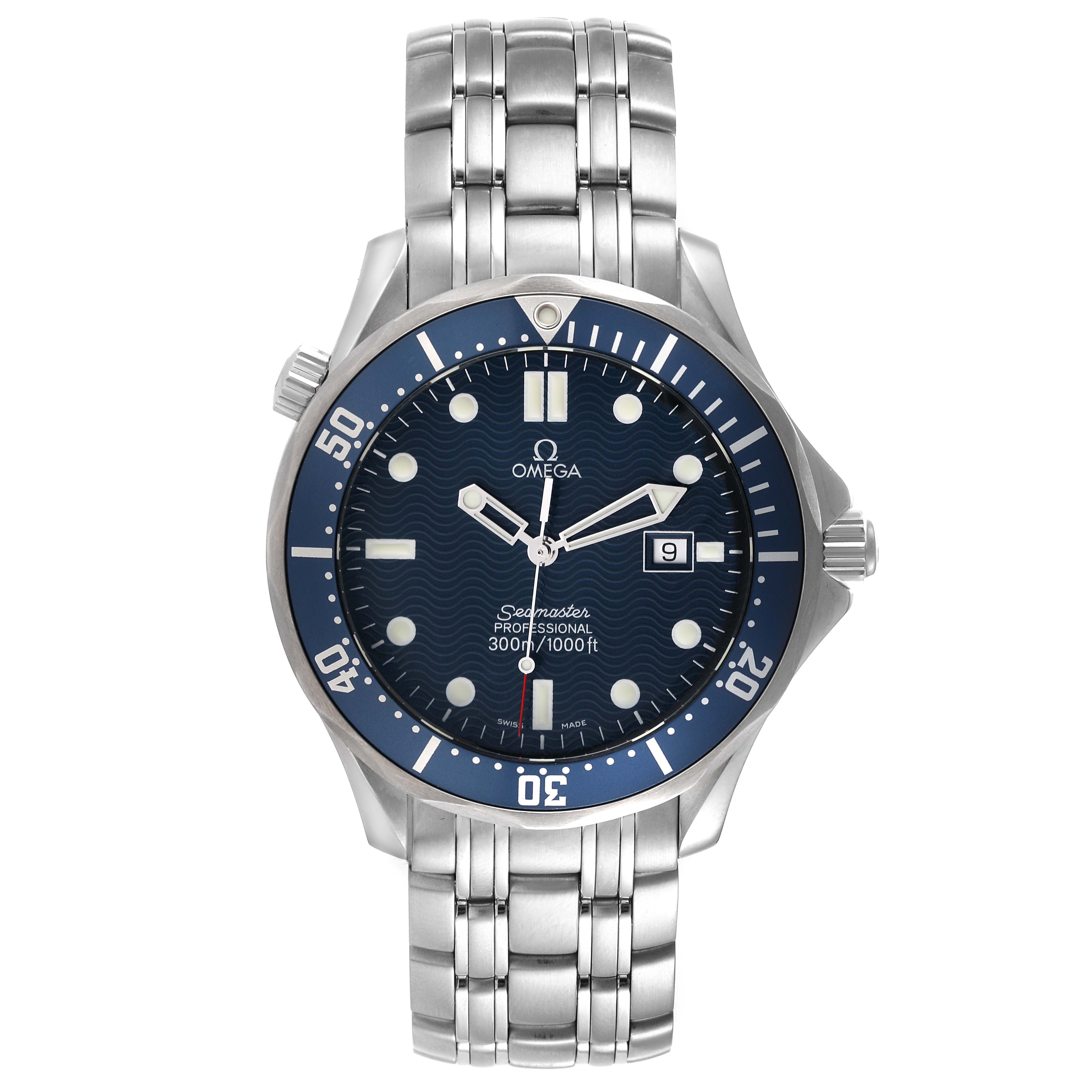 The Omega Seamaster 2541.80.00 Men's Stainless Steel Blue Dial 2541.80.00 Men's Stainless Steel Blue Dial watch is shown from a front angle, displaying its face, bezel, and stainless steel bracelet.