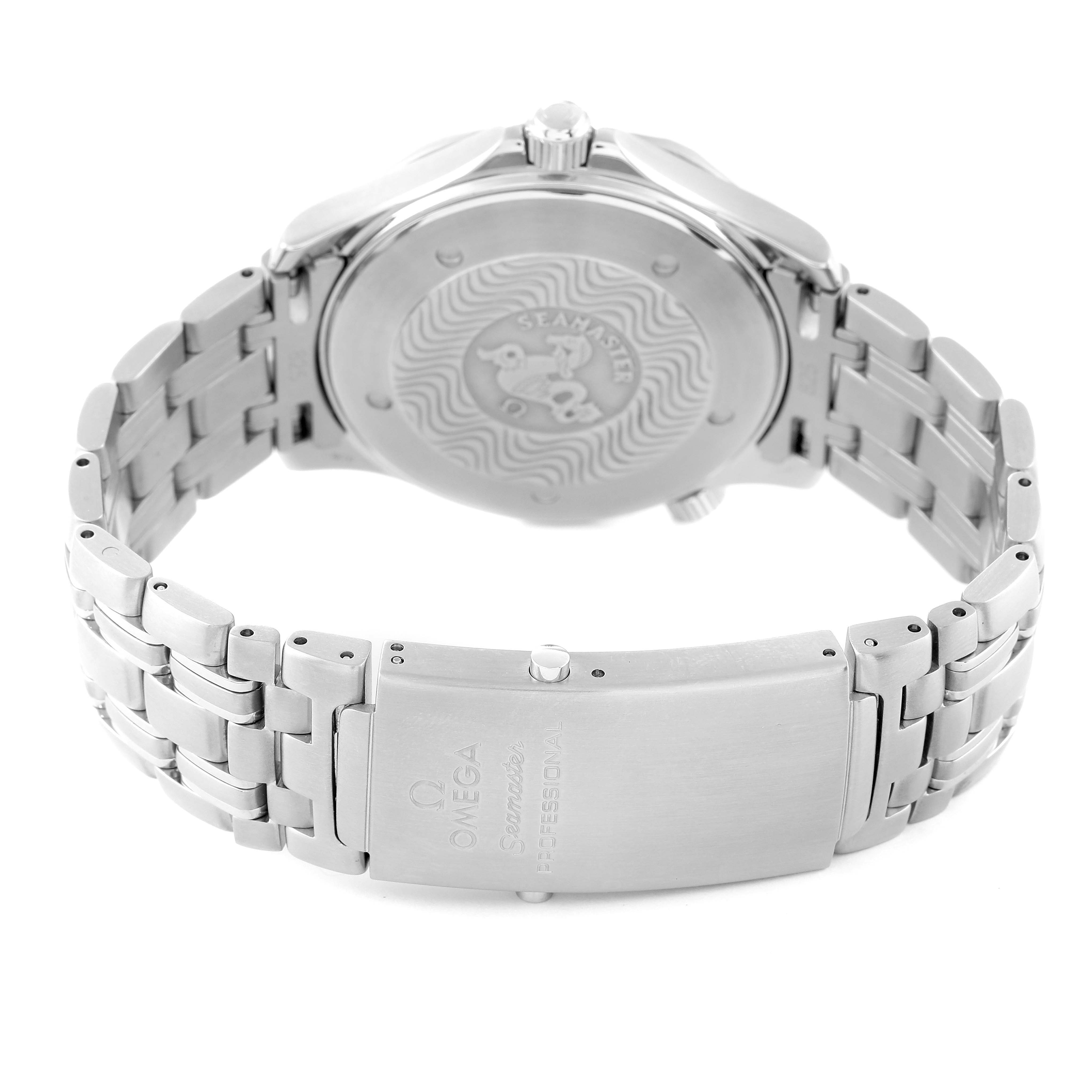 The image shows the back case and clasp of an Omega Seamaster 2541.80.00 Men's Stainless Steel Blue Dial 2541.80.00 Men's Stainless Steel Blue Dial watch, displaying the engraved back and metal bracelet.