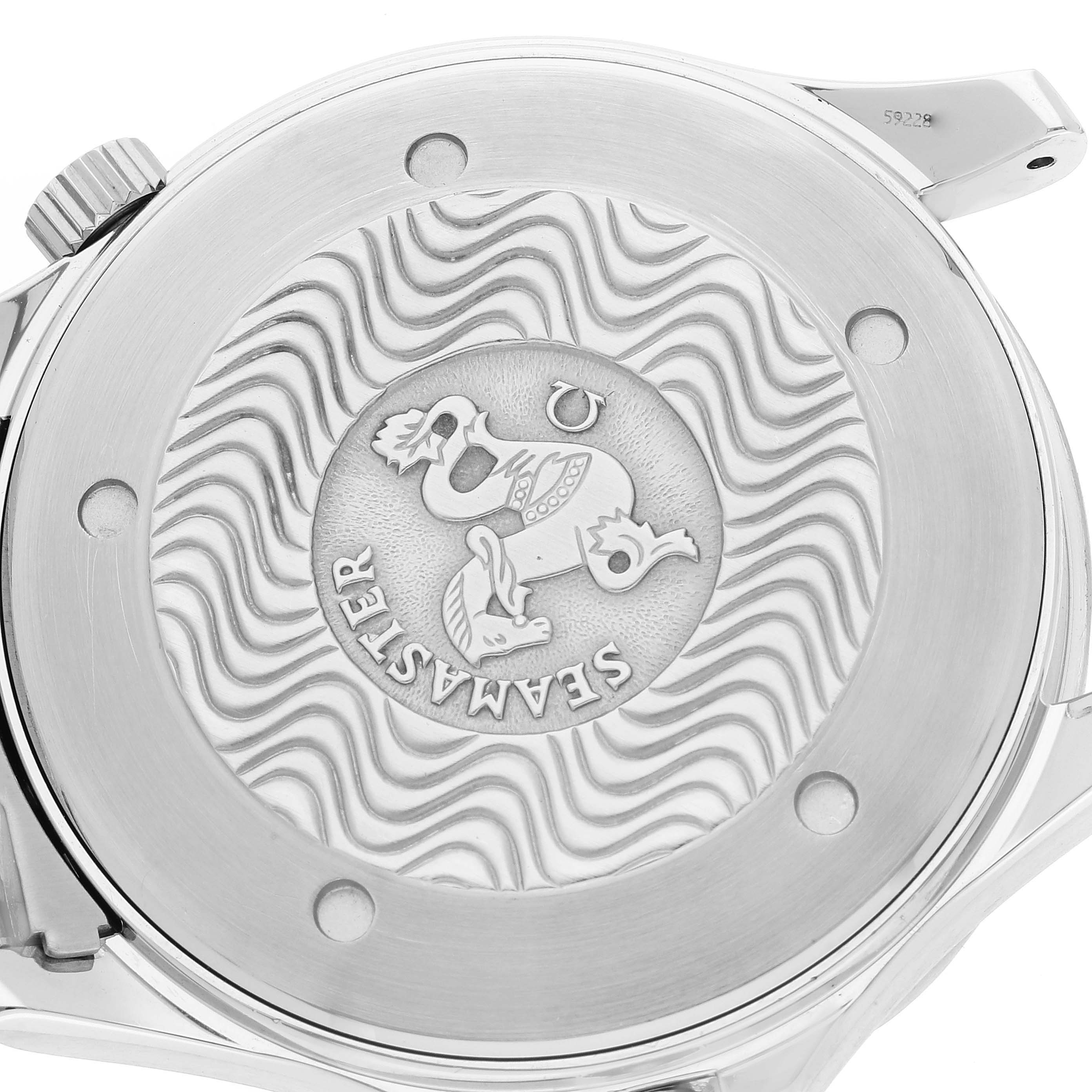 The image shows the case back of an Omega Seamaster 2541.80.00 Men's Stainless Steel Blue Dial 2541.80.00 Men's Stainless Steel Blue Dial watch from a close-up, angled view.