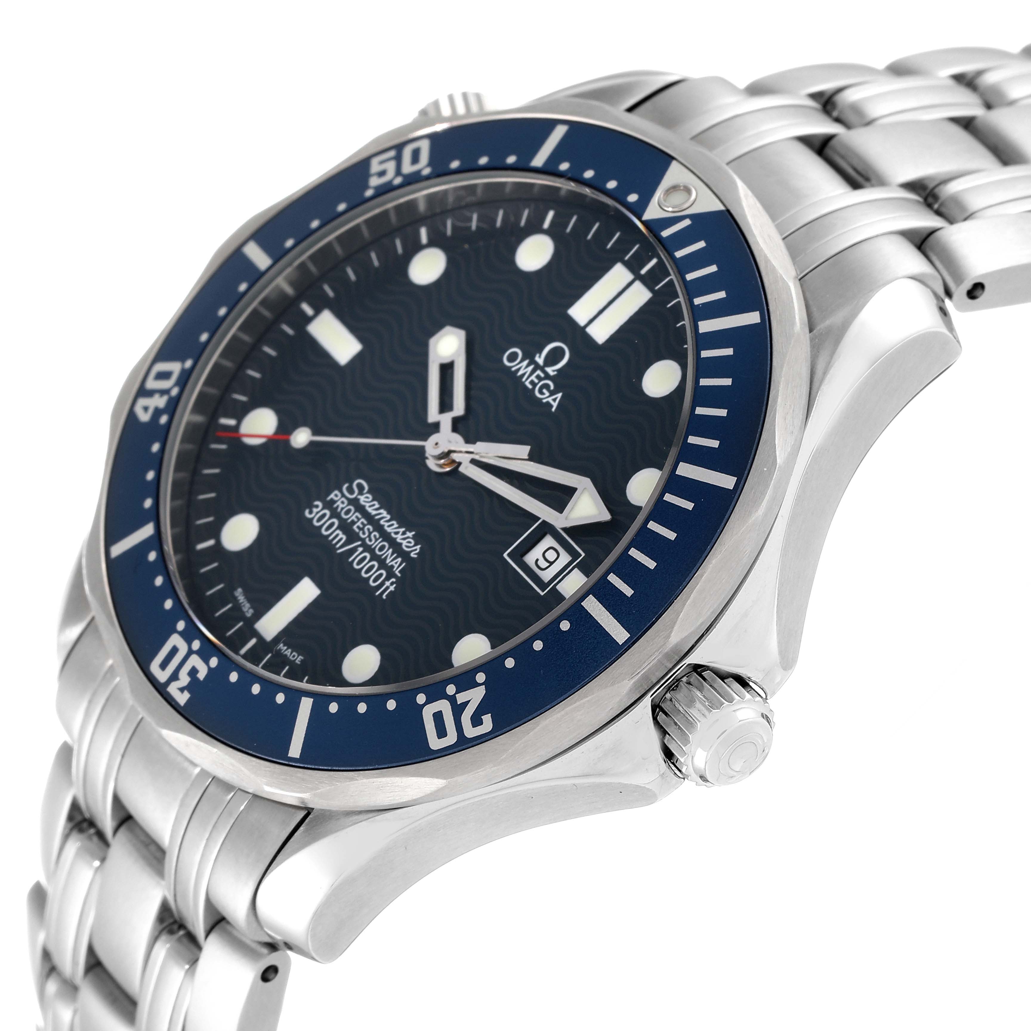 The image shows an angled view of an Omega Seamaster 2541.80.00 Men's Stainless Steel Blue Dial 2541.80.00 Men's Stainless Steel Blue Dial watch highlighting its face, bezel, crown, and bracelet.