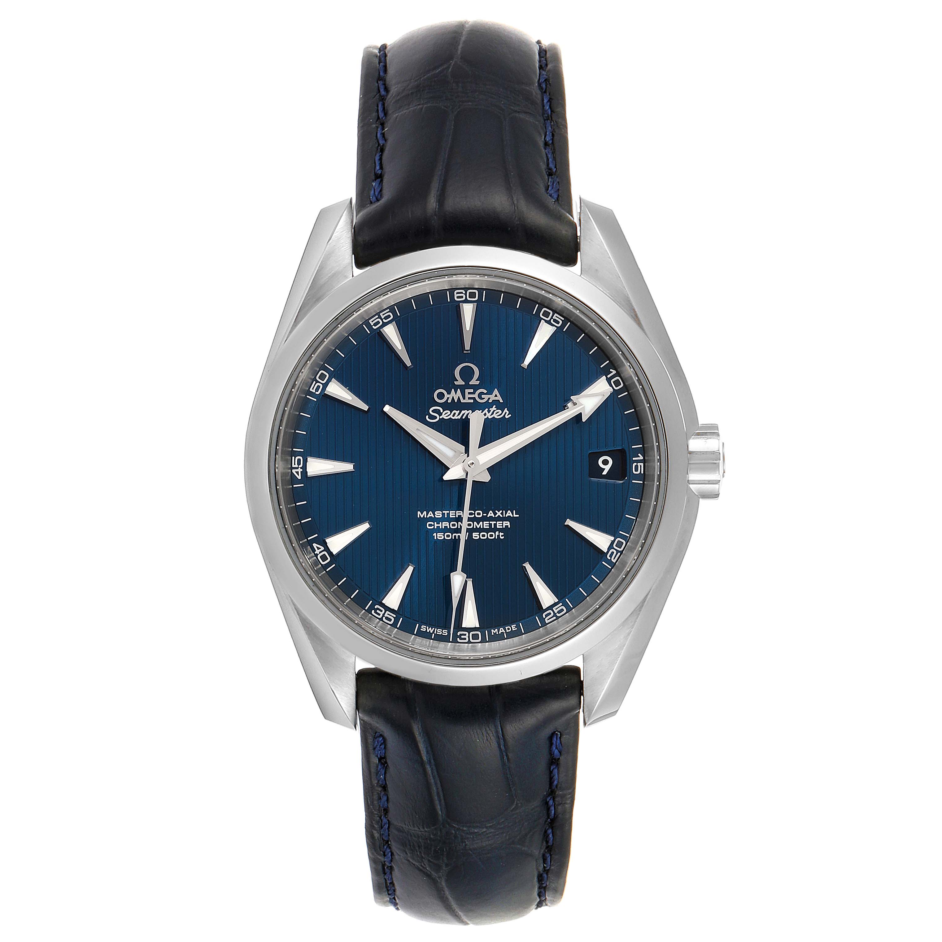 This image shows a front view of the Omega Aqua Terra 220.13.38.20.03.001 Men
s Stainless Steel Blue Dial 220.13.38.20.03.001 Men
s Stainless Steel Blue Dial watch, including the face, bezel, crown, and leather strap.