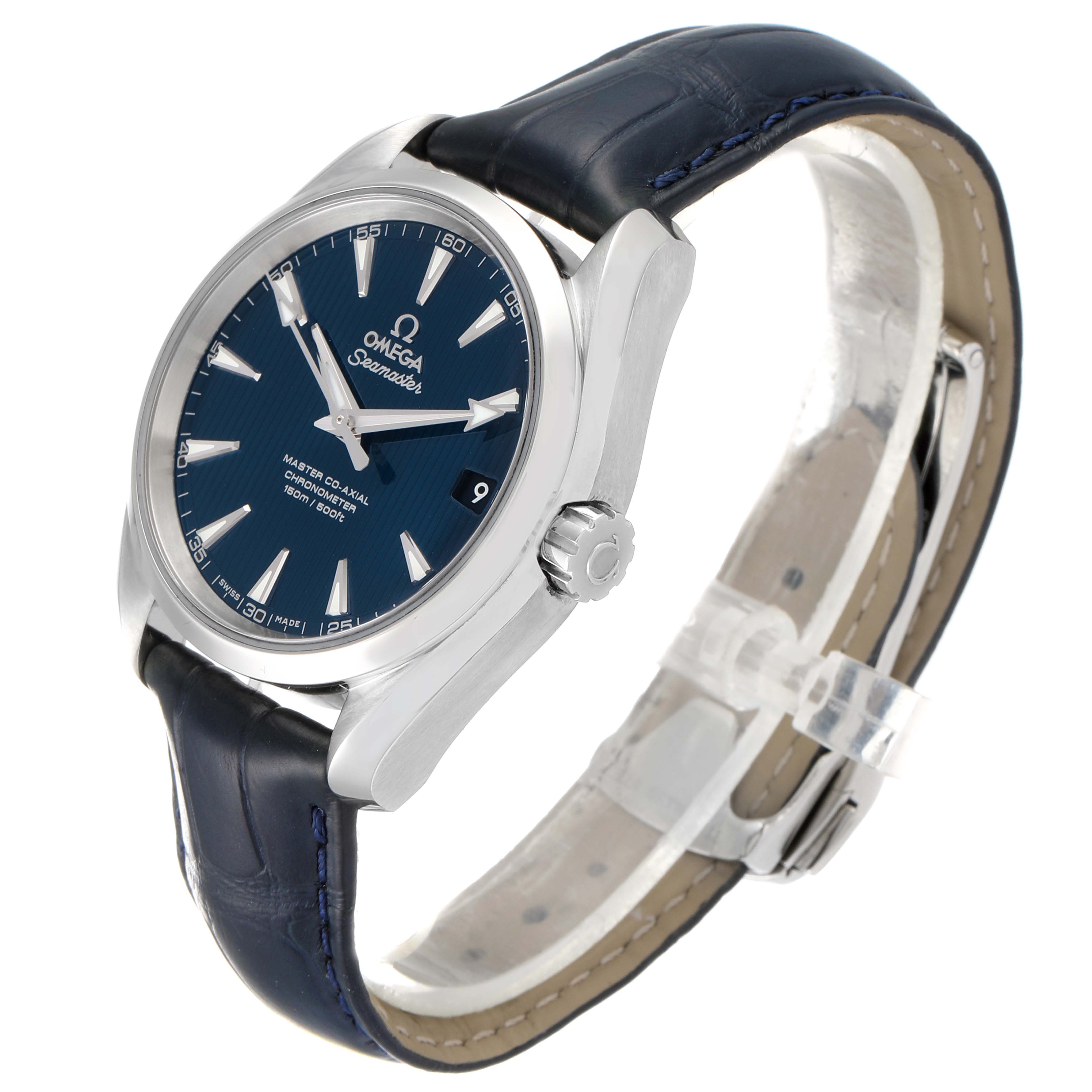 The image shows a side angle of the Omega Aqua Terra 220.13.38.20.03.001 Men
s Stainless Steel Blue Dial 220.13.38.20.03.001 Men
s Stainless Steel Blue Dial watch, highlighting the face, crown, and leather strap.