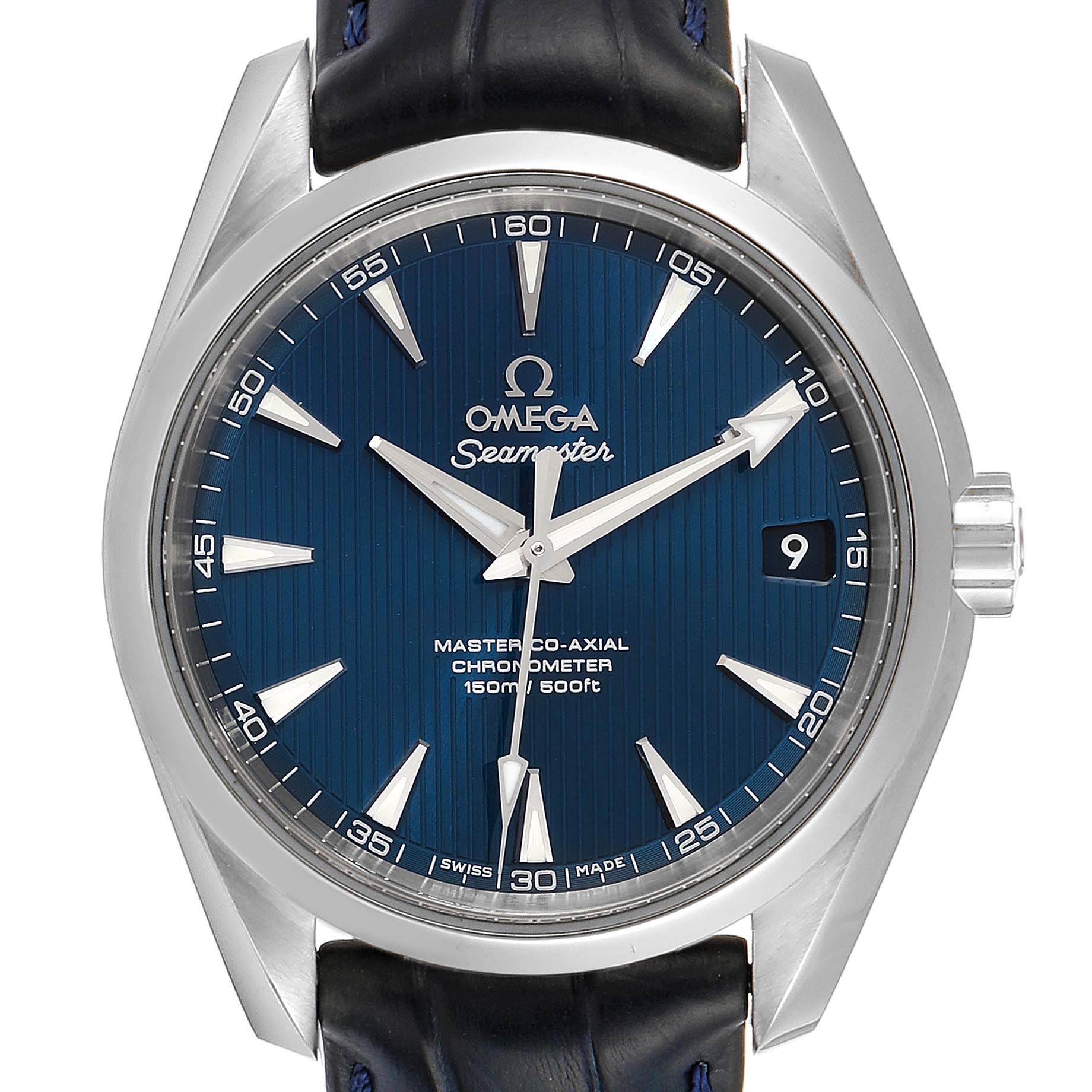 The Omega Aqua Terra 220.13.38.20.03.001 Men
s Stainless Steel Blue Dial 220.13.38.20.03.001 Men
s Stainless Steel Blue Dial watch is shown from a front angle, displaying its blue dial, hands, indices, date window, and crown.