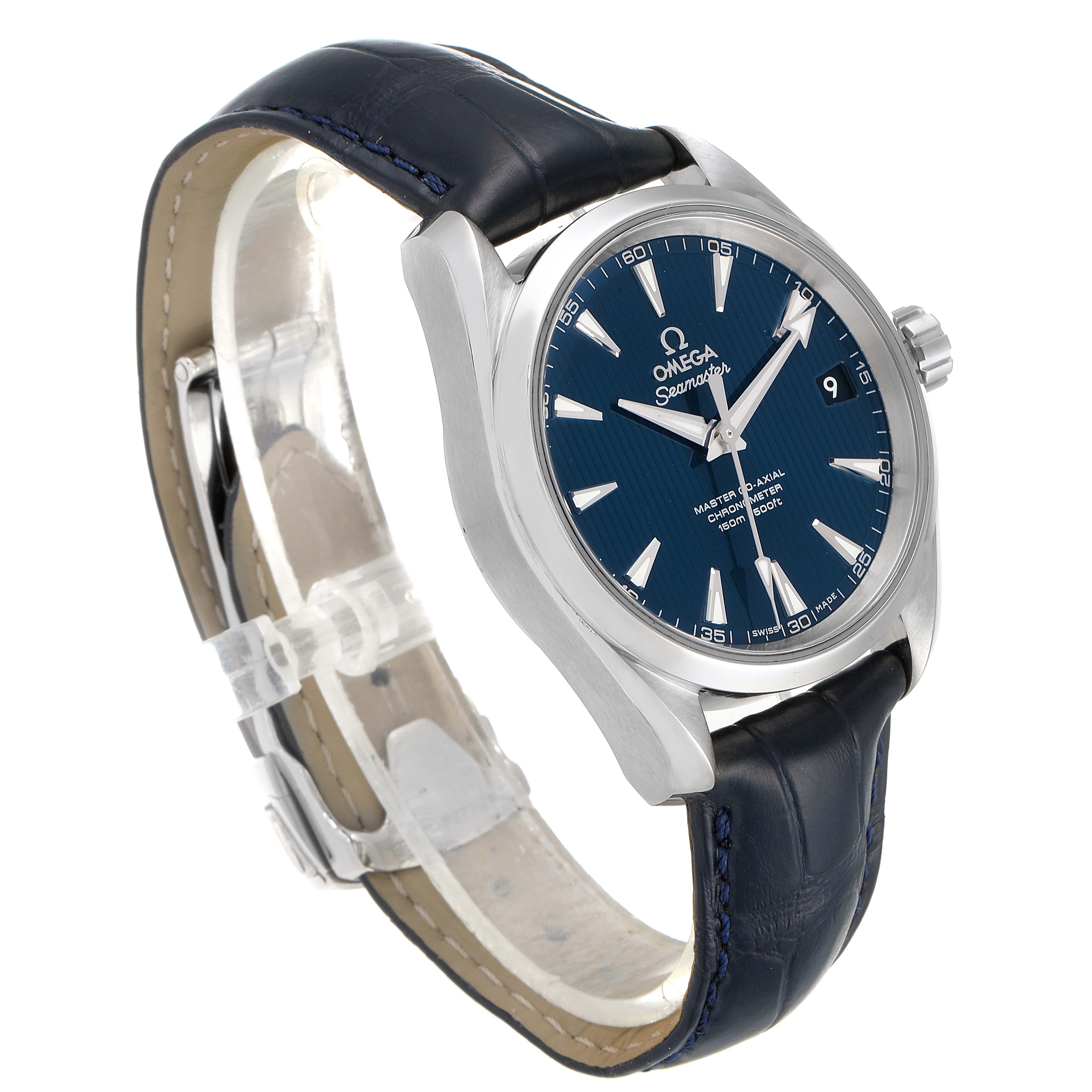 The image shows a side angle of the Omega Aqua Terra 220.13.38.20.03.001 Men
s Stainless Steel Blue Dial 220.13.38.20.03.001 Men
s Stainless Steel Blue Dial watch, highlighting the blue dial, bezel, crown, and strap.