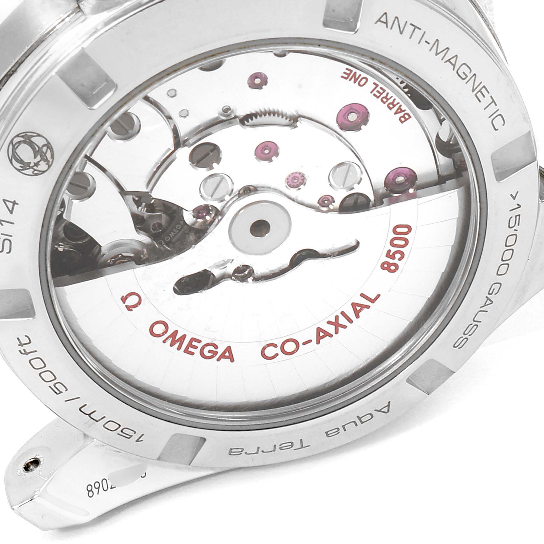 The image shows the case back of the Omega Aqua Terra 220.13.38.20.03.001 Men
s Stainless Steel Blue Dial 220.13.38.20.03.001 Men
s Stainless Steel Blue Dial watch, highlighting its Co-Axial 8500 movement and anti-magnetic properties.