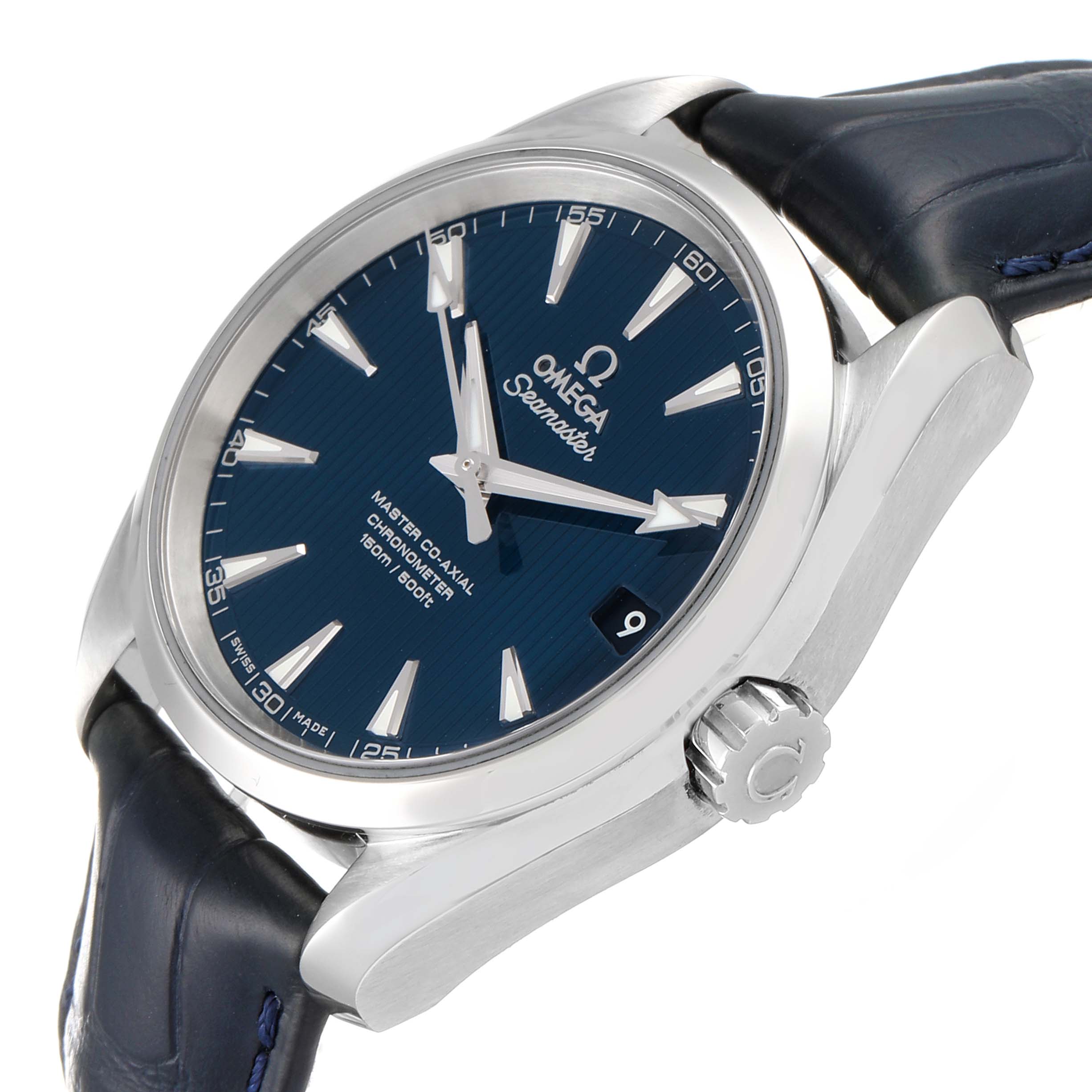 The Omega Aqua Terra 220.13.38.20.03.001 Men
s Stainless Steel Blue Dial 220.13.38.20.03.001 Men
s Stainless Steel Blue Dial watch is shown at an angled side view, highlighting the dial, crown, and part of the strap.