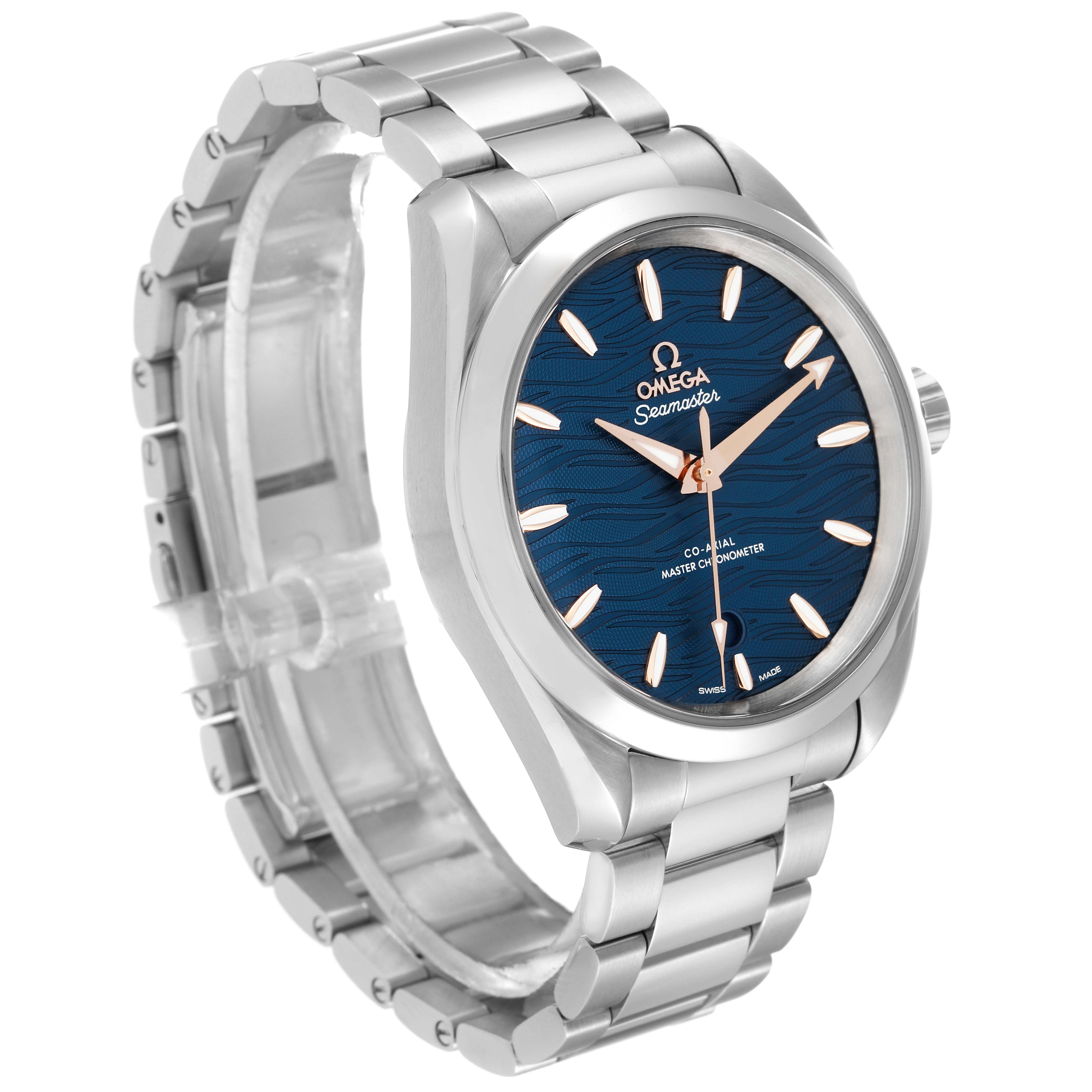The image shows an Omega Aqua Terra 220.10.38.20.03.002 Men's Stainless Steel Blue Dial 220.10.38.20.03.002 Men's Stainless Steel Blue Dial Seamaster watch at an angle revealing the dial, bezel, and metal bracelet.