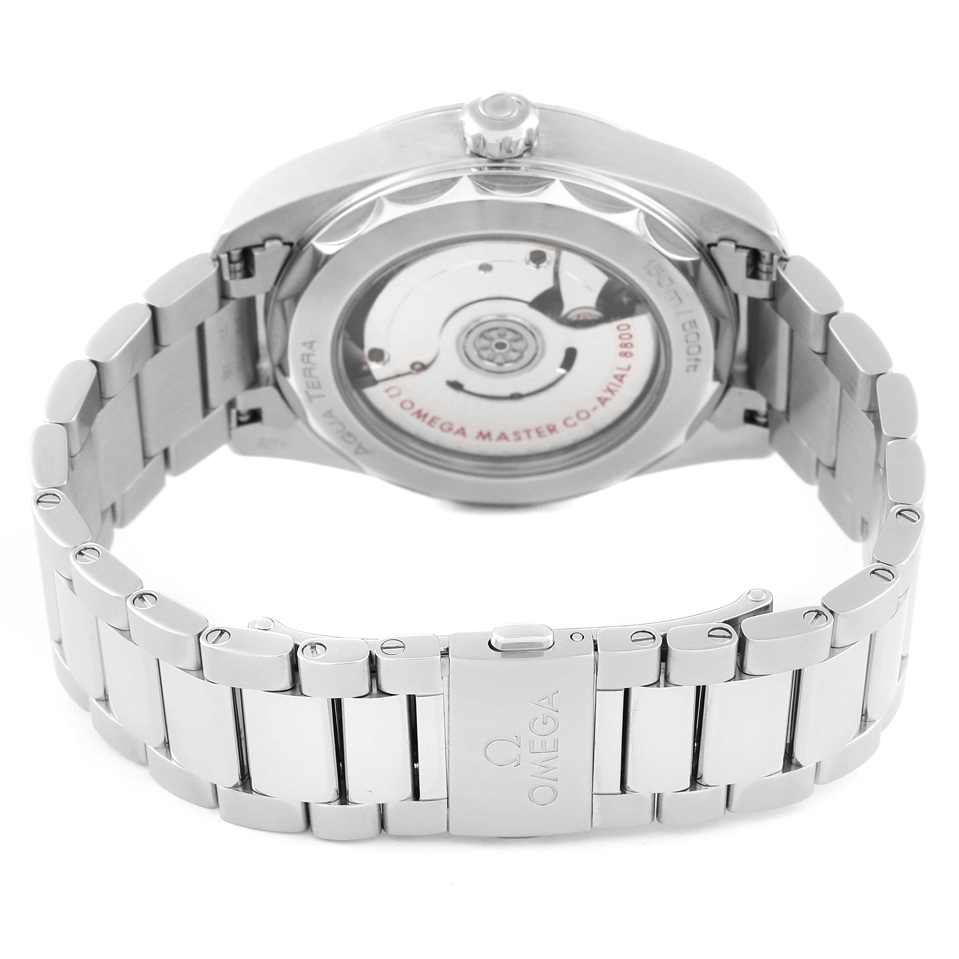 The image shows the back view of an Omega Aqua Terra 220.10.38.20.03.002 Men's Stainless Steel Blue Dial 220.10.38.20.03.002 Men's Stainless Steel Blue Dial watch, focusing on the bracelet, clasp, case back, and movement.