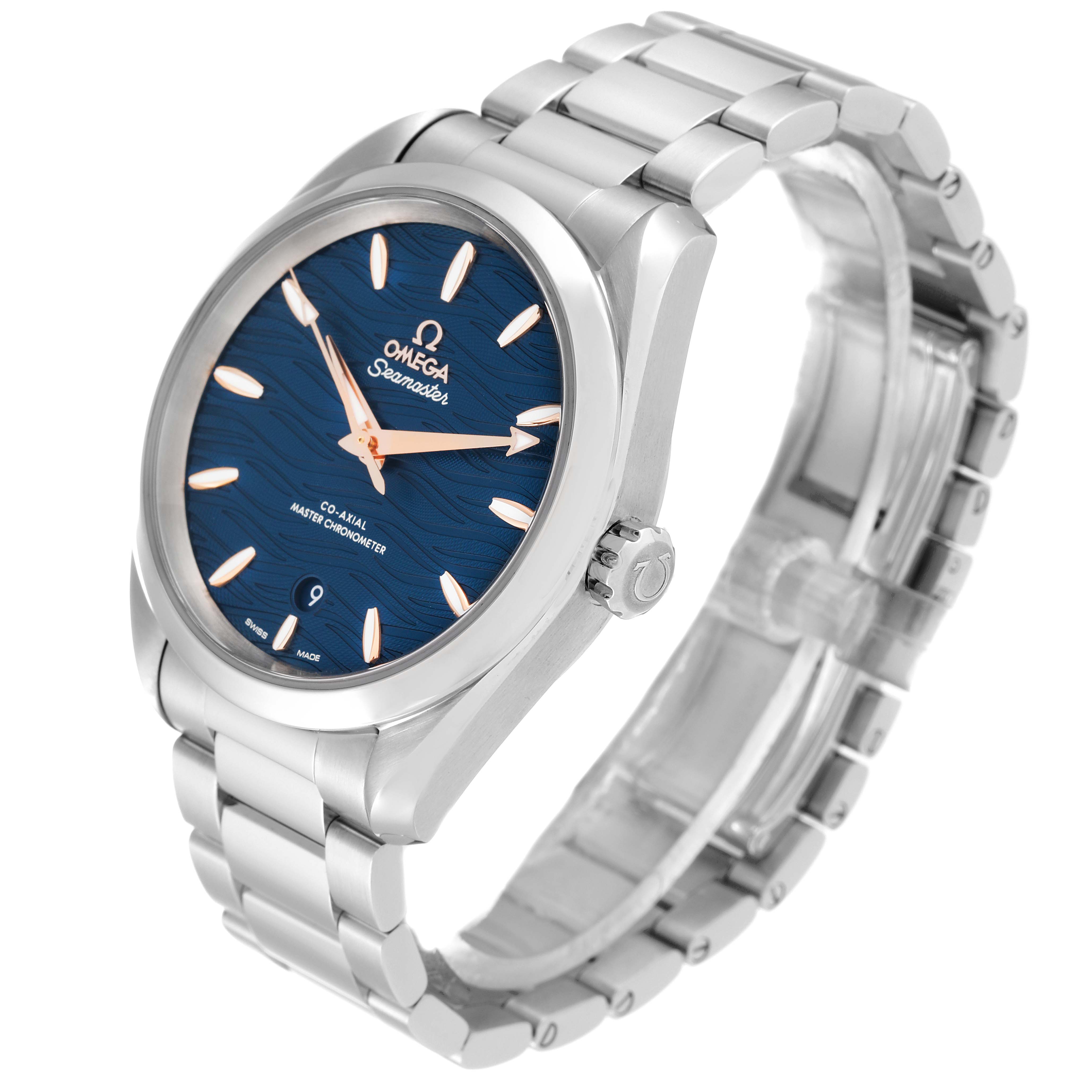 The image shows an Omega Aqua Terra 220.10.38.20.03.002 Men's Stainless Steel Blue Dial 220.10.38.20.03.002 Men's Stainless Steel Blue Dial watch at a three-quarter angle, highlighting the blue dial and metal bracelet.