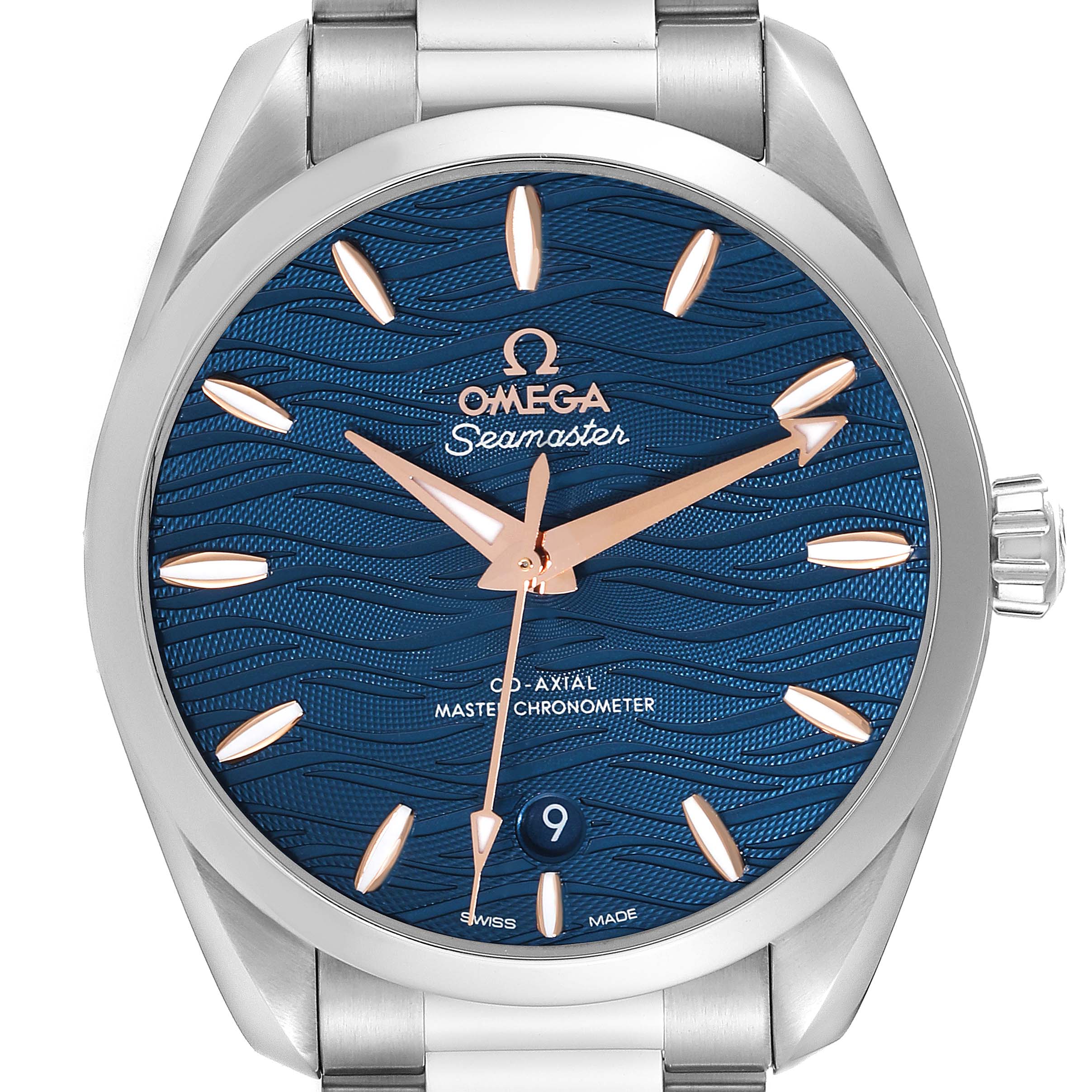 The image shows a straight-on view of the Omega Seamaster Aqua Terra watch, displaying its blue dial, silver case, and bracelet.