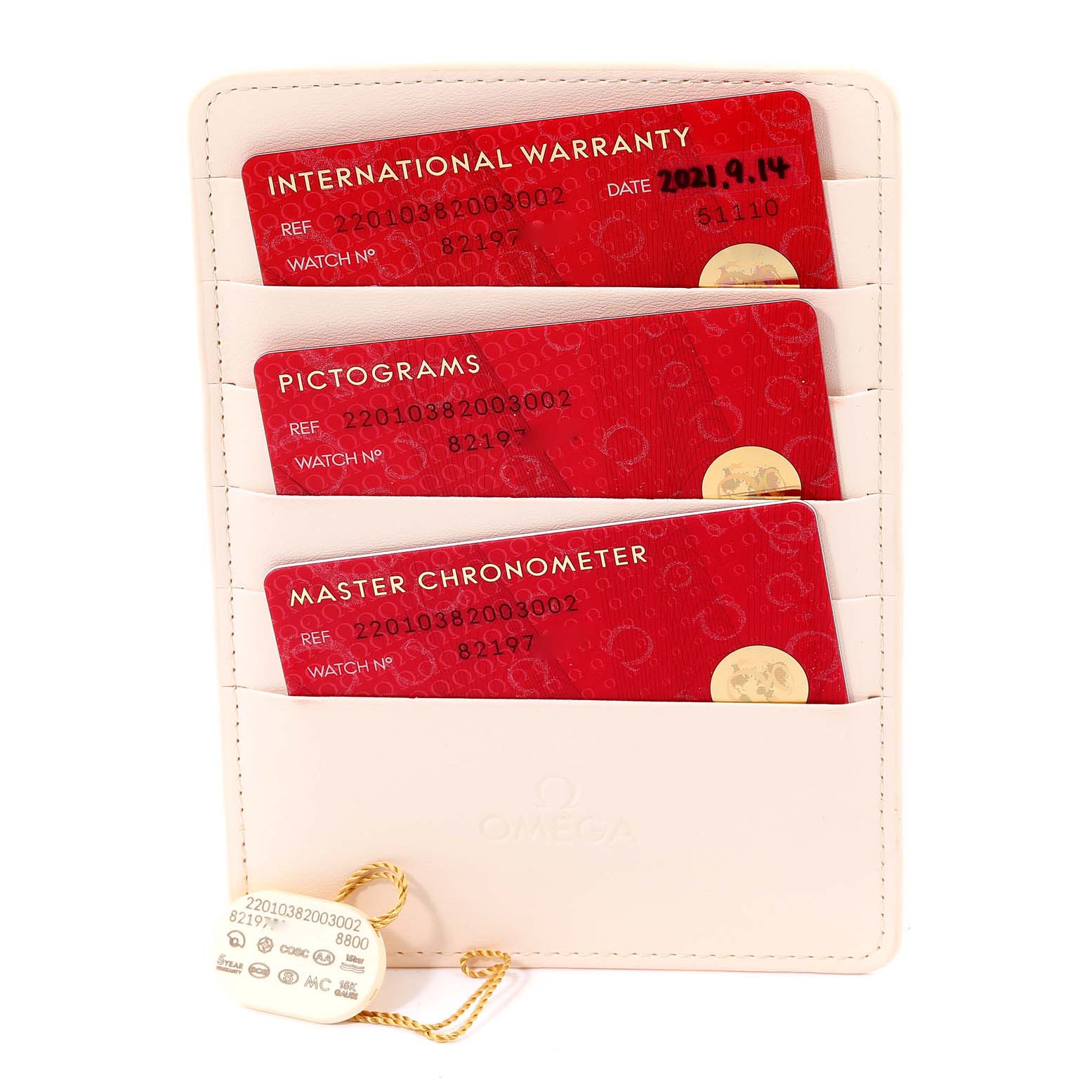 The image shows International Warranty, Pictograms, and Master Chronometer cards for an Omega Aqua Terra 220.10.38.20.03.002 Men's Stainless Steel Blue Dial 220.10.38.20.03.002 Men's Stainless Steel Blue Dial watch, along with a tag.