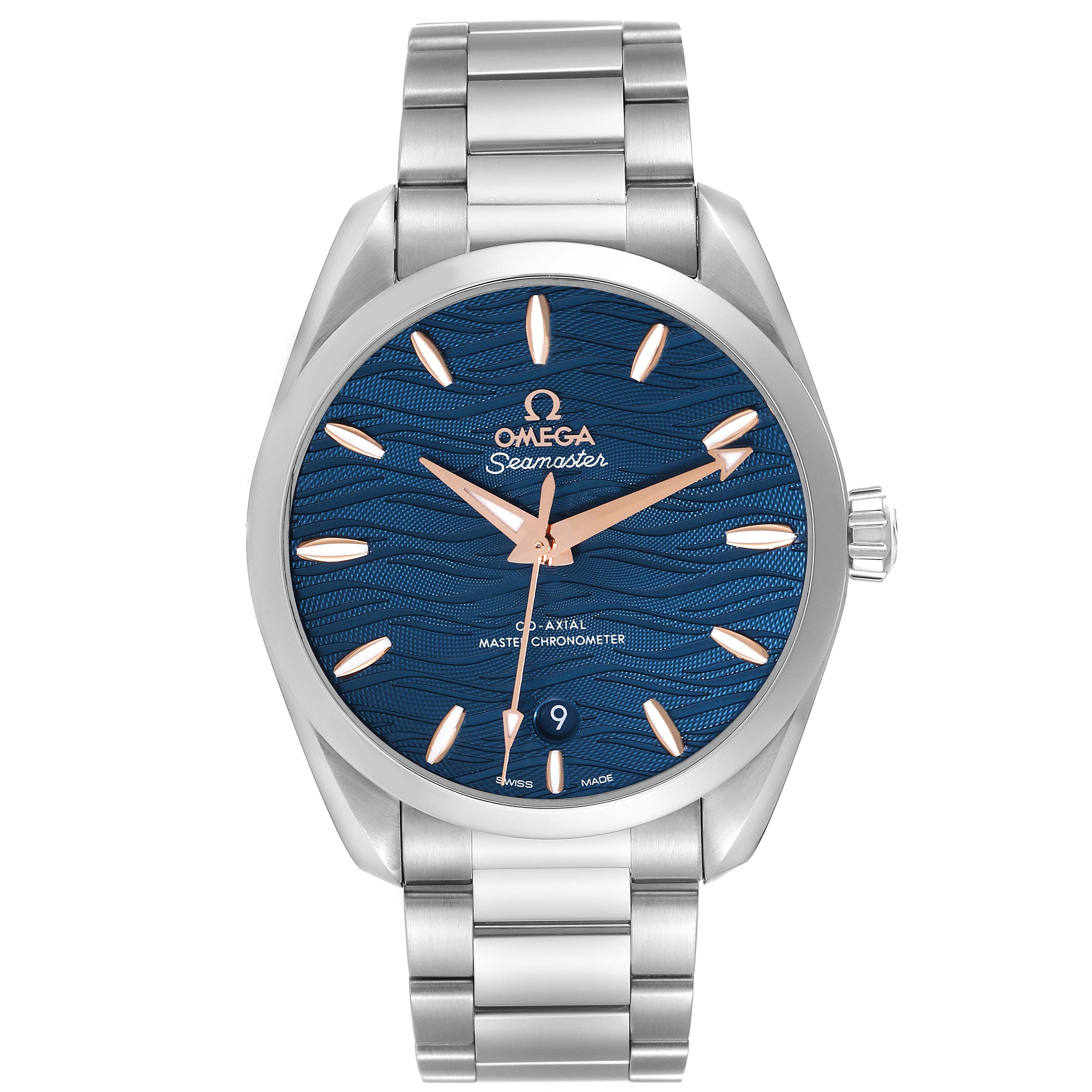 The image shows a front view of the Omega Aqua Terra 220.10.38.20.03.002 Men's Stainless Steel Blue Dial 220.10.38.20.03.002 Men's Stainless Steel Blue Dial watch, displaying its face, bezel, and metal bracelet.