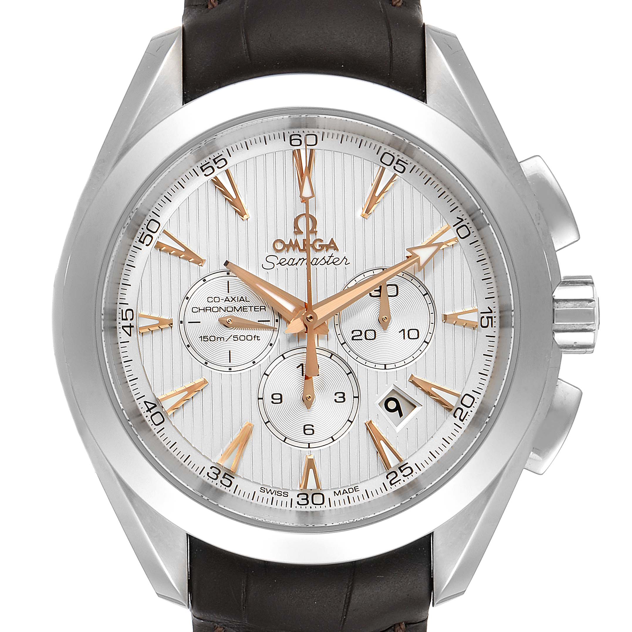 The image shows a frontal view of the Omega Aqua Terra 231.13.44.50.02.001 Men's Stainless Steel Silver Dial 231.13.44.50.02.001 Men's Stainless Steel Silver Dial Seamaster watch, displaying the face and chronograph features.