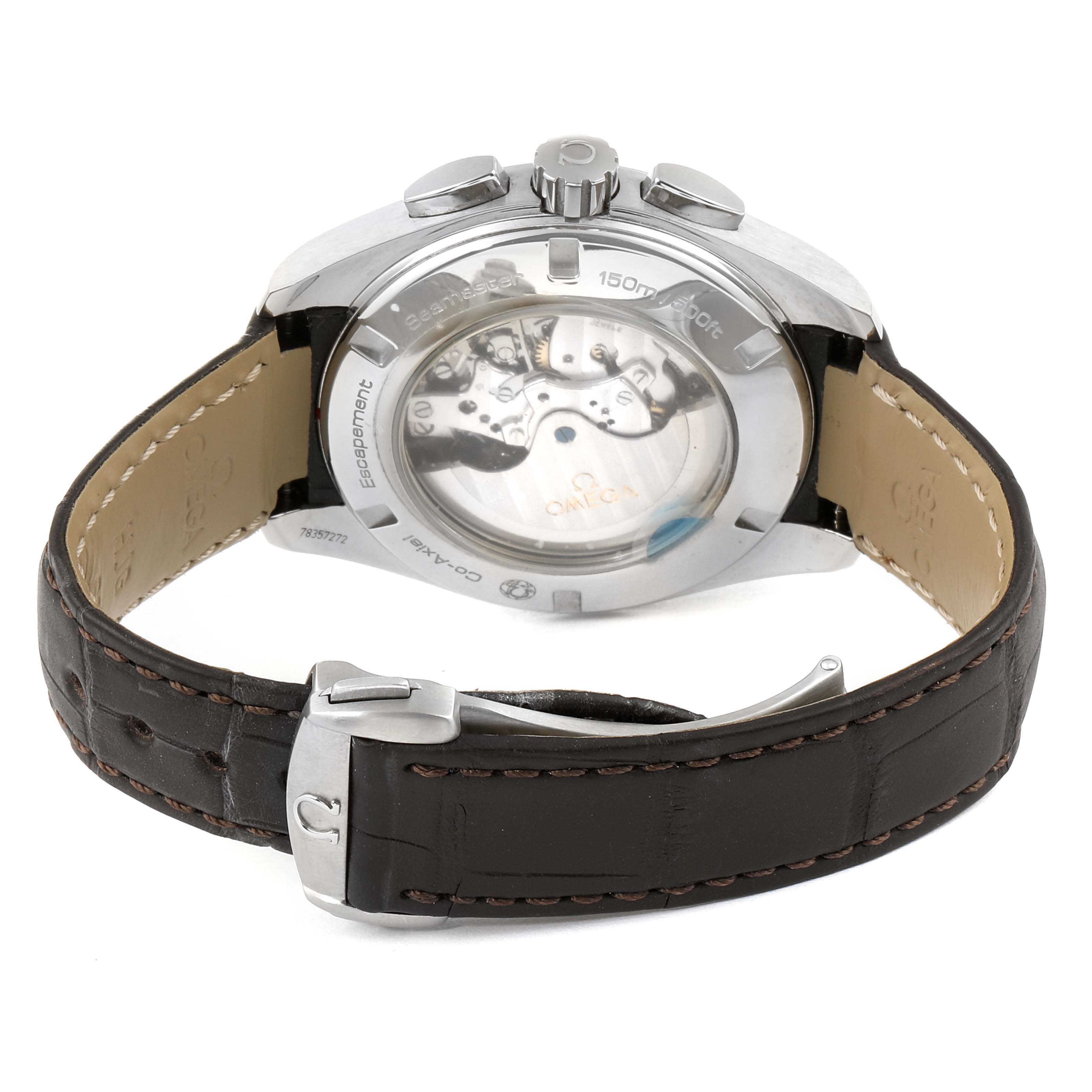 The image shows the back view of the Omega Aqua Terra 231.13.44.50.02.001 Men's Stainless Steel Silver Dial 231.13.44.50.02.001 Men's Stainless Steel Silver Dial watch, highlighting its transparent case back and leather strap.