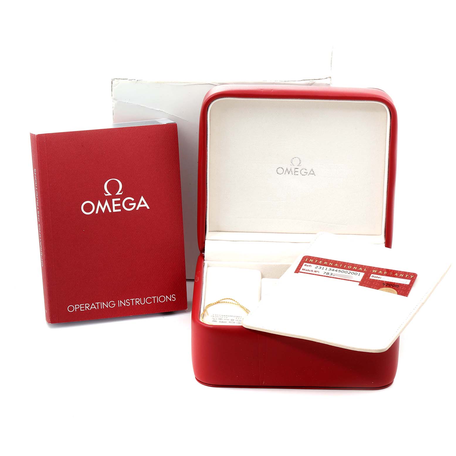 The image shows the Omega Aqua Terra 231.13.44.50.02.001 Men's Stainless Steel Silver Dial 231.13.44.50.02.001 Men's Stainless Steel Silver Dial watch accessories including the operating instructions, warranty card, and the watch box.