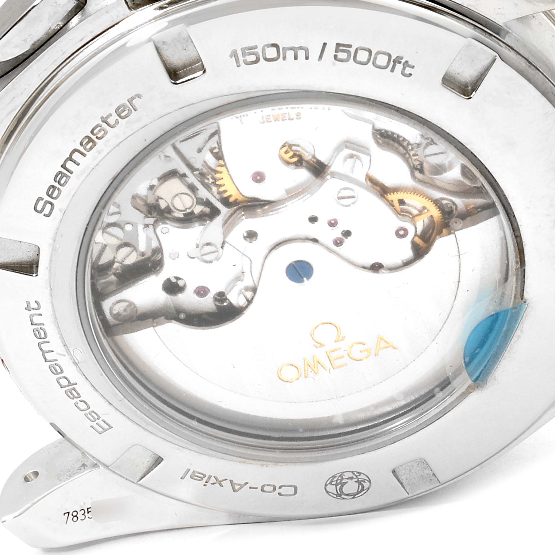 The image shows a close-up view of the case back of an Omega Aqua Terra 231.13.44.50.02.001 Men's Stainless Steel Silver Dial 231.13.44.50.02.001 Men's Stainless Steel Silver Dial Seamaster watch, highlighting the movement inside.
