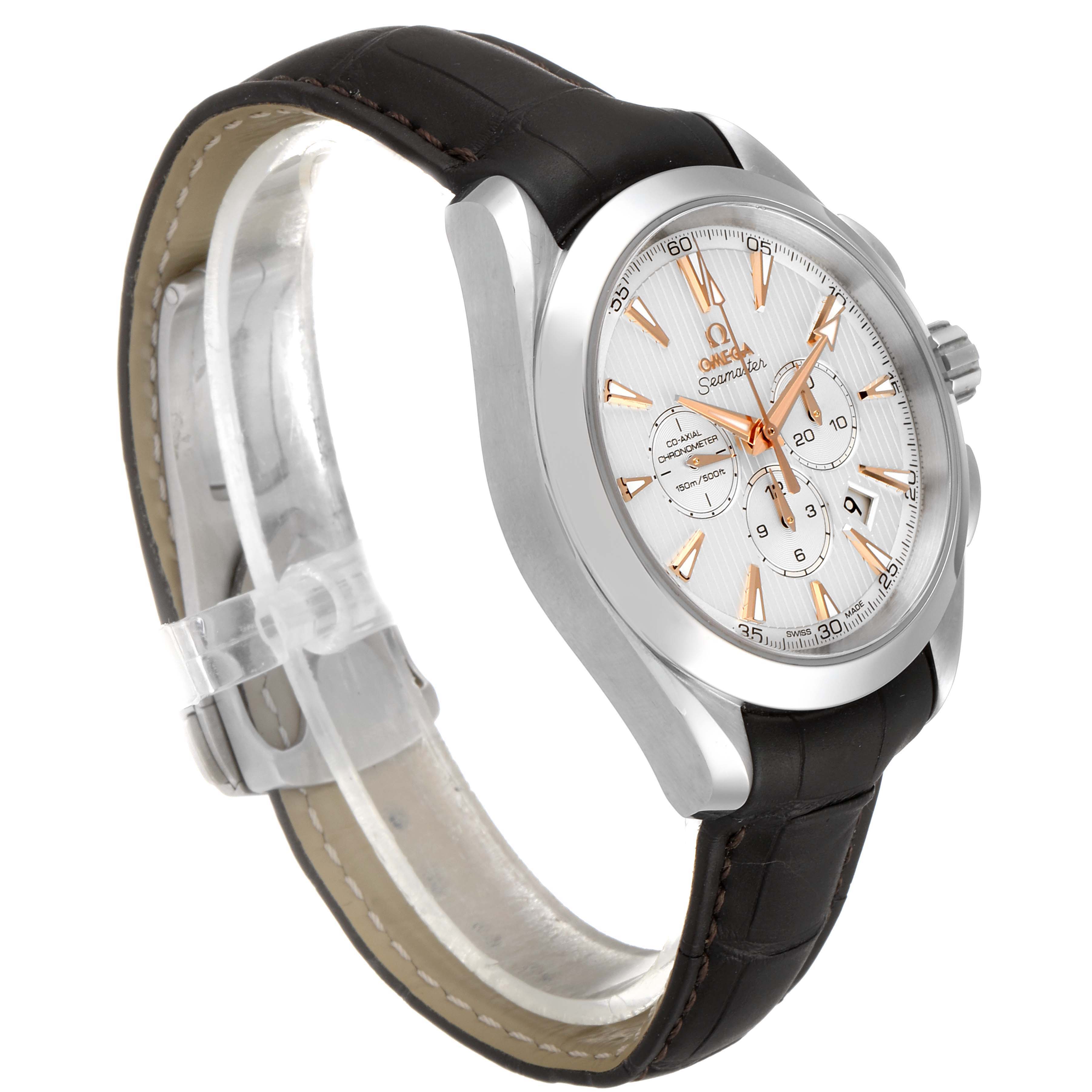 The image shows the Omega Aqua Terra 231.13.44.50.02.001 Men's Stainless Steel Silver Dial 231.13.44.50.02.001 Men's Stainless Steel Silver Dial watch at a slight angle, highlighting the dial, case, crown, and part of the leather strap.