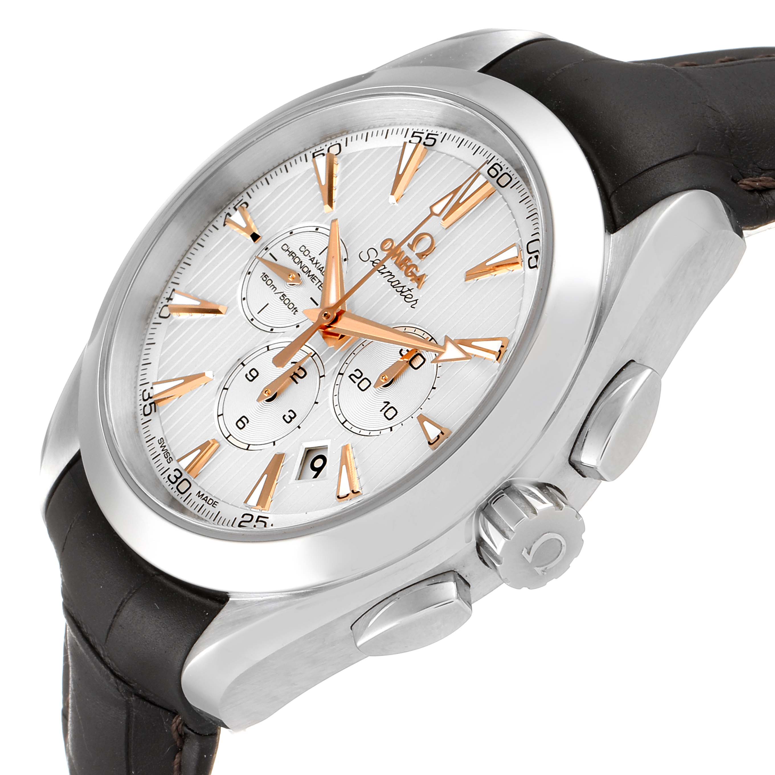 The Omega Aqua Terra 231.13.44.50.02.001 Men's Stainless Steel Silver Dial 231.13.44.50.02.001 Men's Stainless Steel Silver Dial watch is shown at a slight angle, highlighting the face, side buttons, and part of the strap.