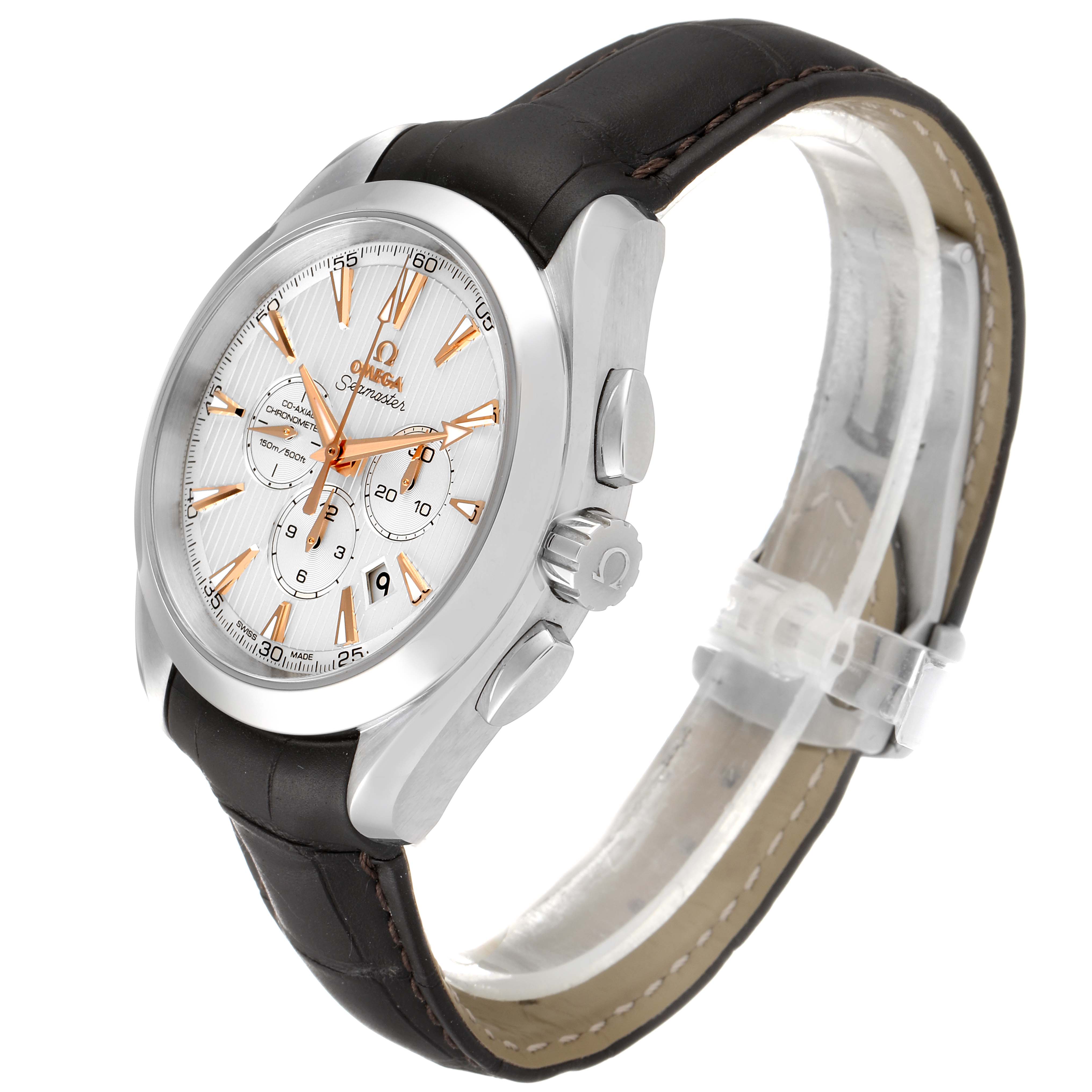 The Omega Aqua Terra 231.13.44.50.02.001 Men's Stainless Steel Silver Dial 231.13.44.50.02.001 Men's Stainless Steel Silver Dial watch is shown at an oblique angle, highlighting its face, strap, crown, and pushers.