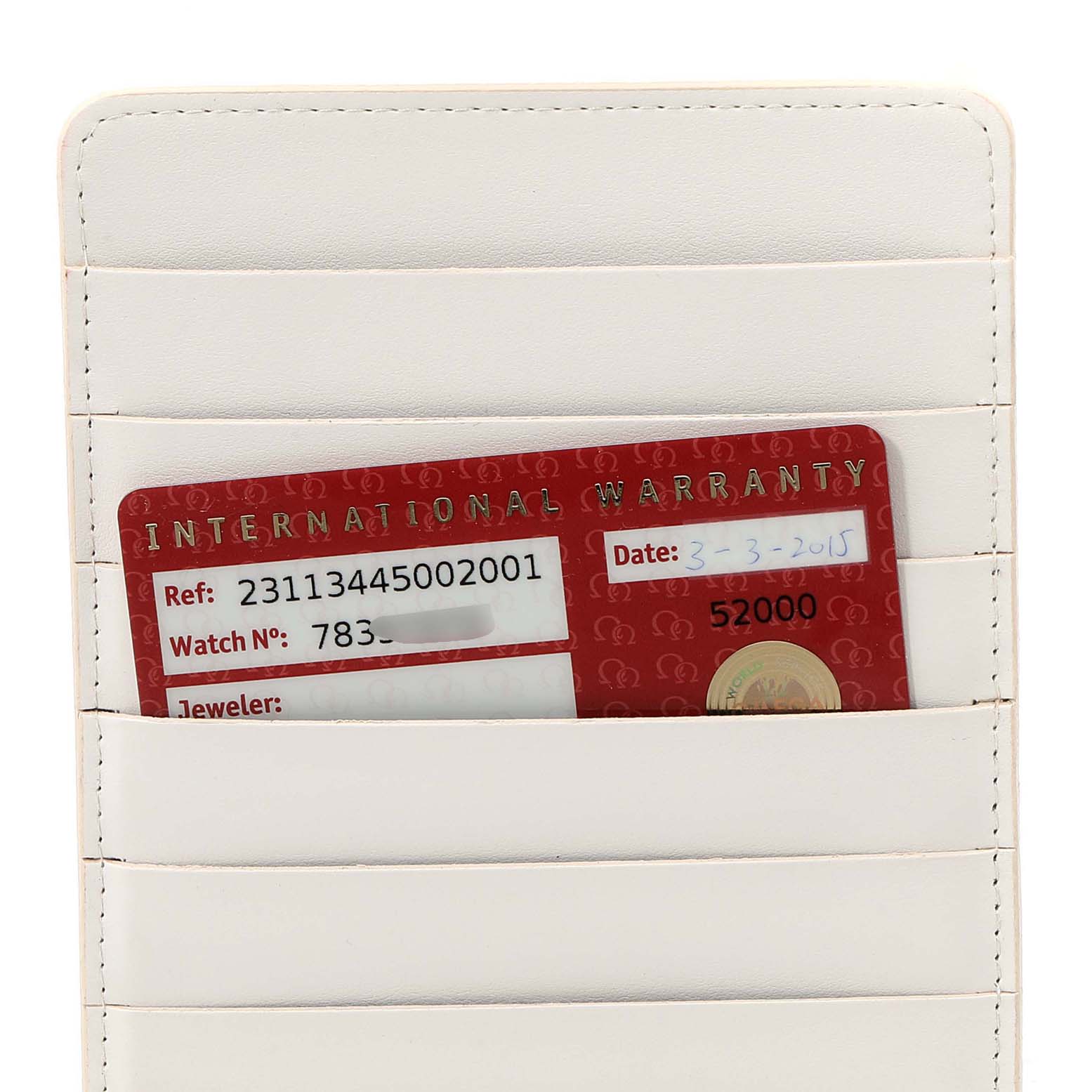 The image shows the International Warranty Card for an Omega Aqua Terra 231.13.44.50.02.001 Men's Stainless Steel Silver Dial 231.13.44.50.02.001 Men's Stainless Steel Silver Dial watch, partially inserted in a white cardholder, from the front.