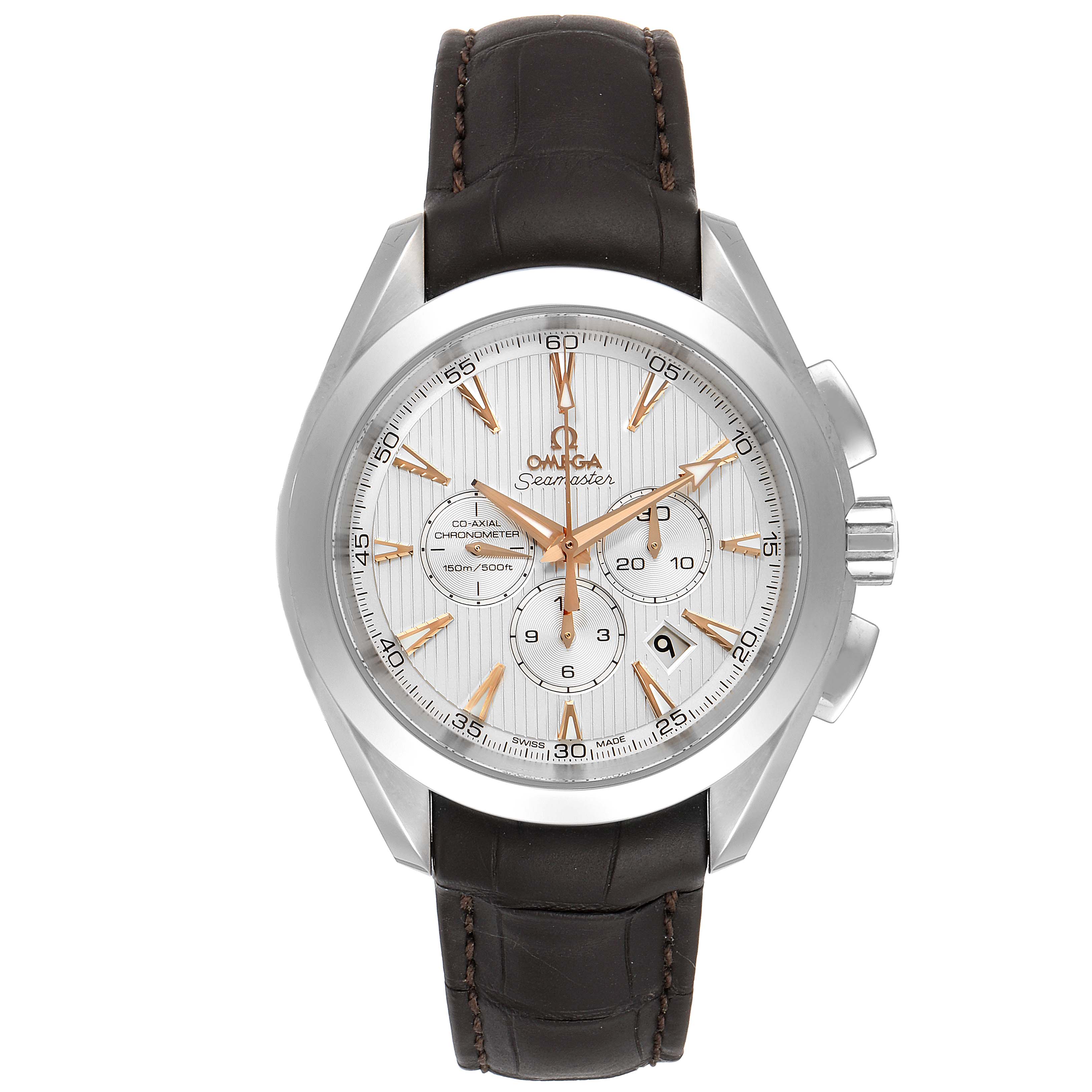 This image shows a frontal view of an Omega Aqua Terra 231.13.44.50.02.001 Men's Stainless Steel Silver Dial 231.13.44.50.02.001 Men's Stainless Steel Silver Dial watch with a leather strap, showcasing its dial and chronograph features.