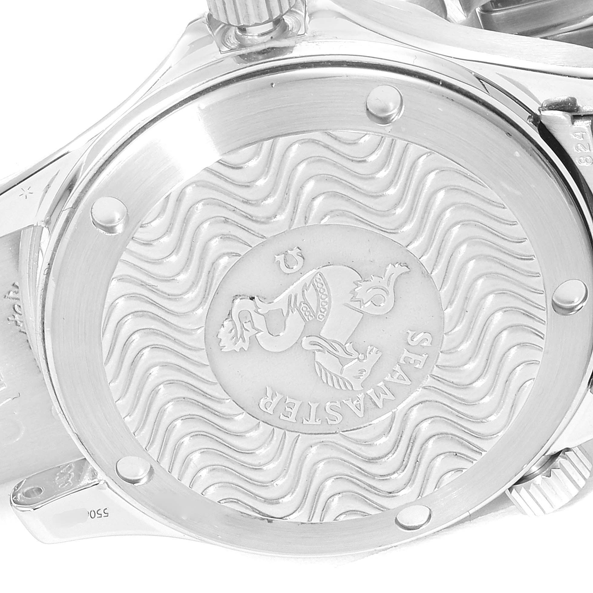 The image shows the case back of the Omega Seamaster 2561.80.00 Men
s Stainless Steel Blue Dial 2561.80.00 Men
s Stainless Steel Blue Dial watch with its engraved design and logo.