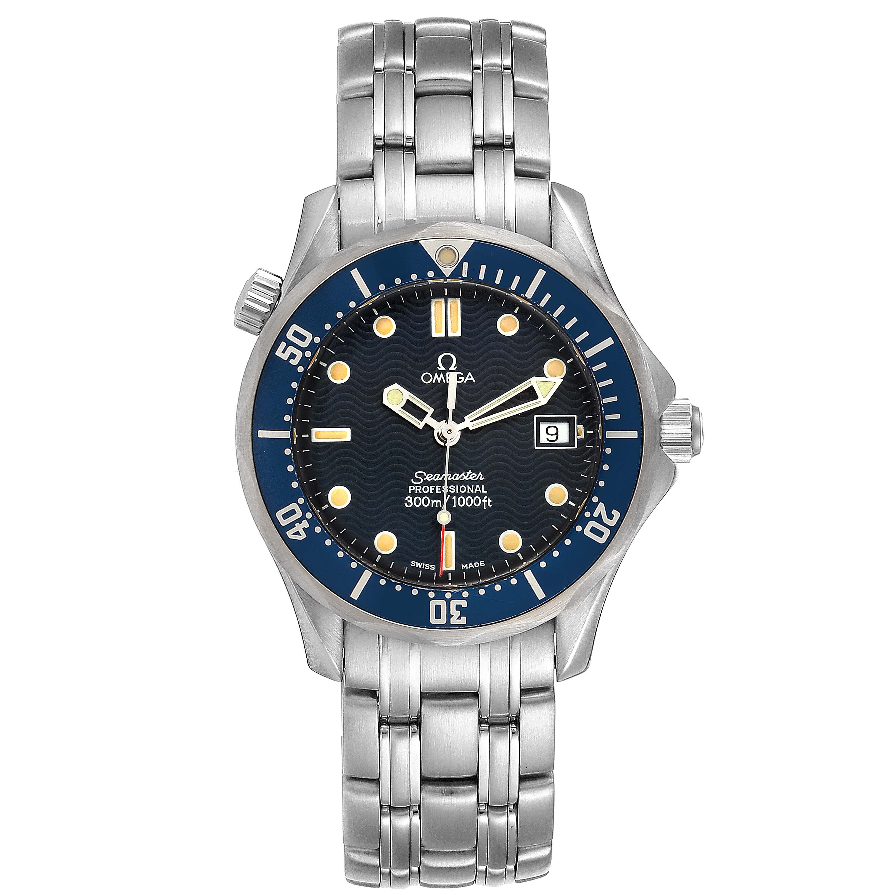 The image shows a frontal view of an Omega Seamaster 2561.80.00 Men
s Stainless Steel Blue Dial 2561.80.00 Men
s Stainless Steel Blue Dial watch, displaying its dial, bezel, bracelet, and crown.
