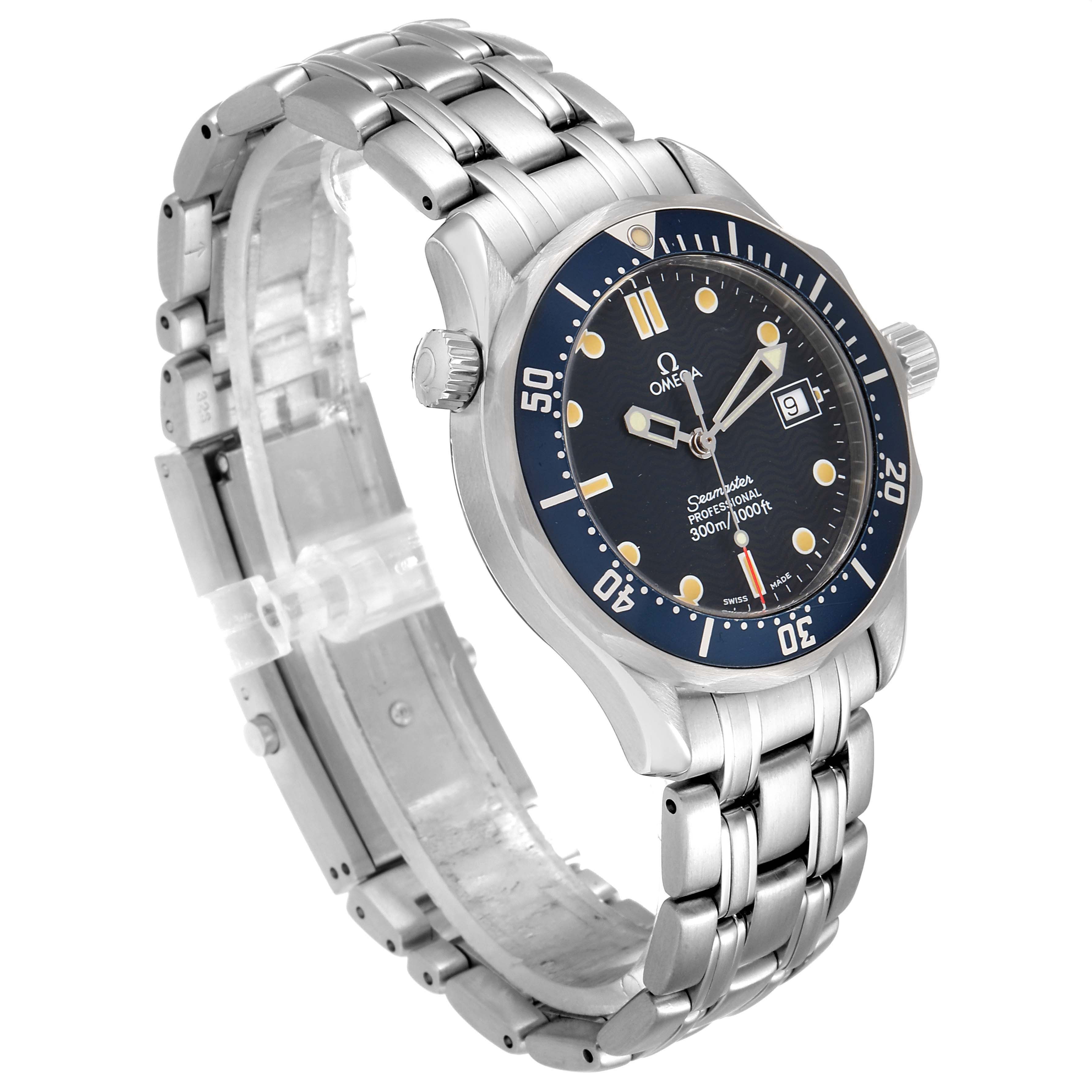 The image shows a side angle of the Omega Seamaster 2561.80.00 Men
s Stainless Steel Blue Dial 2561.80.00 Men
s Stainless Steel Blue Dial watch, highlighting the dial, bezel, and stainless steel bracelet.