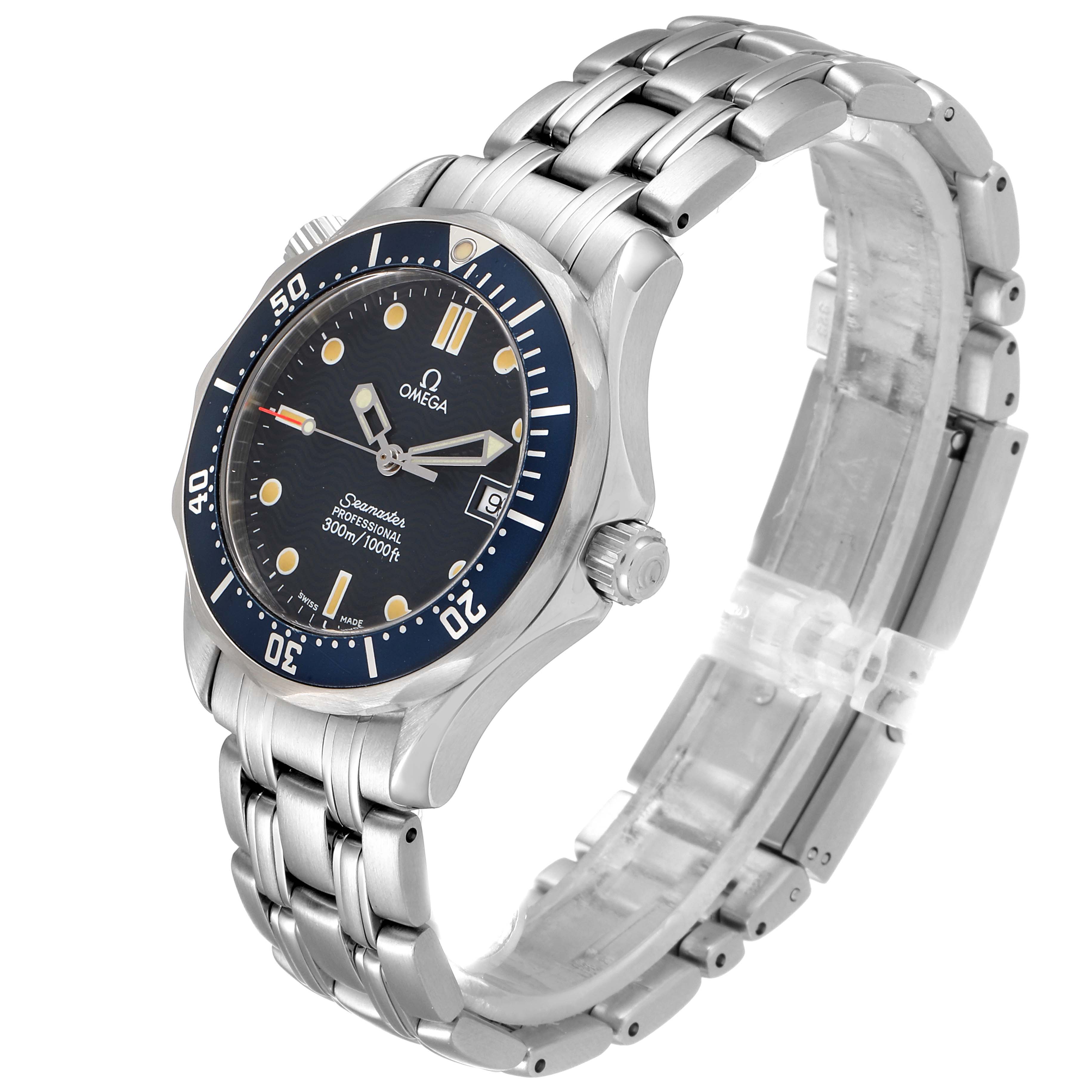 The Omega Seamaster 2561.80.00 Men
s Stainless Steel Blue Dial 2561.80.00 Men
s Stainless Steel Blue Dial watch is shown at a three-quarter angle, displaying the face, bezel, crown, and stainless steel bracelet.