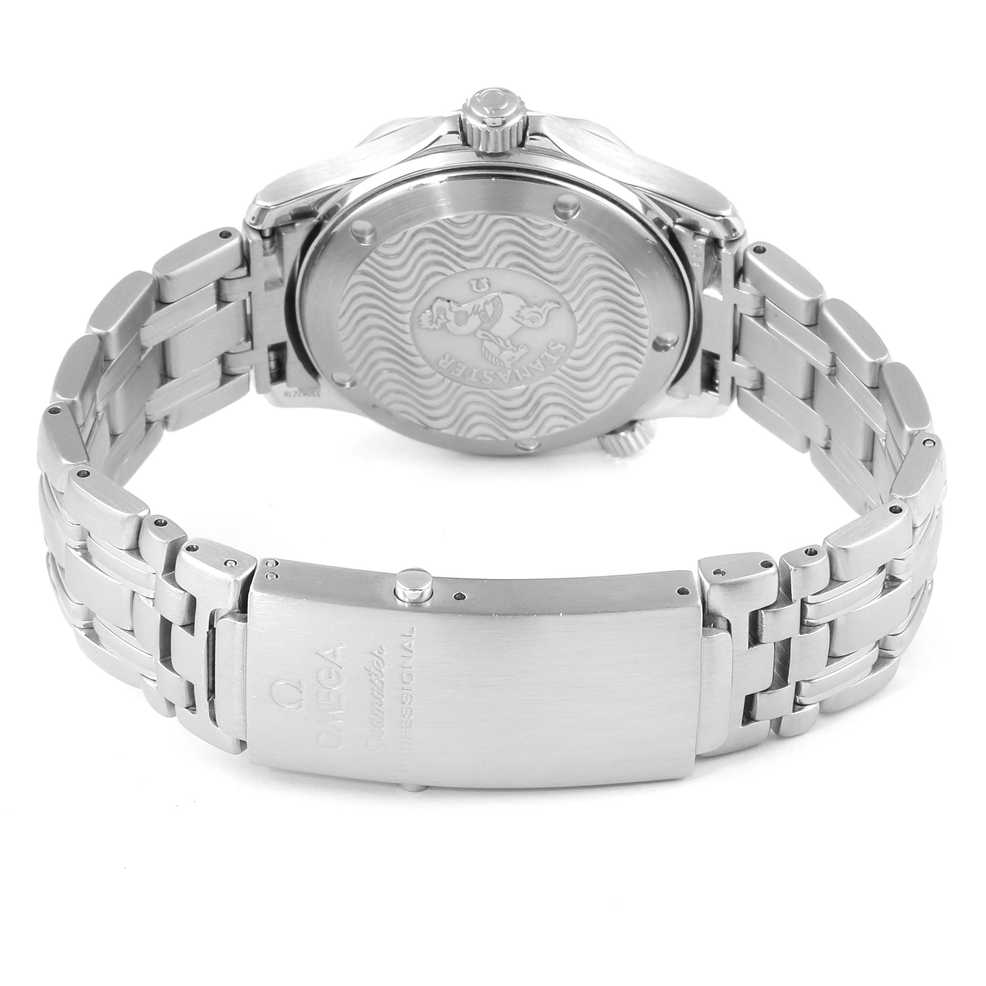 The image shows the back case and bracelet of an Omega Seamaster 2561.80.00 Men
s Stainless Steel Blue Dial 2561.80.00 Men
s Stainless Steel Blue Dial watch, featuring the clasp and case back.