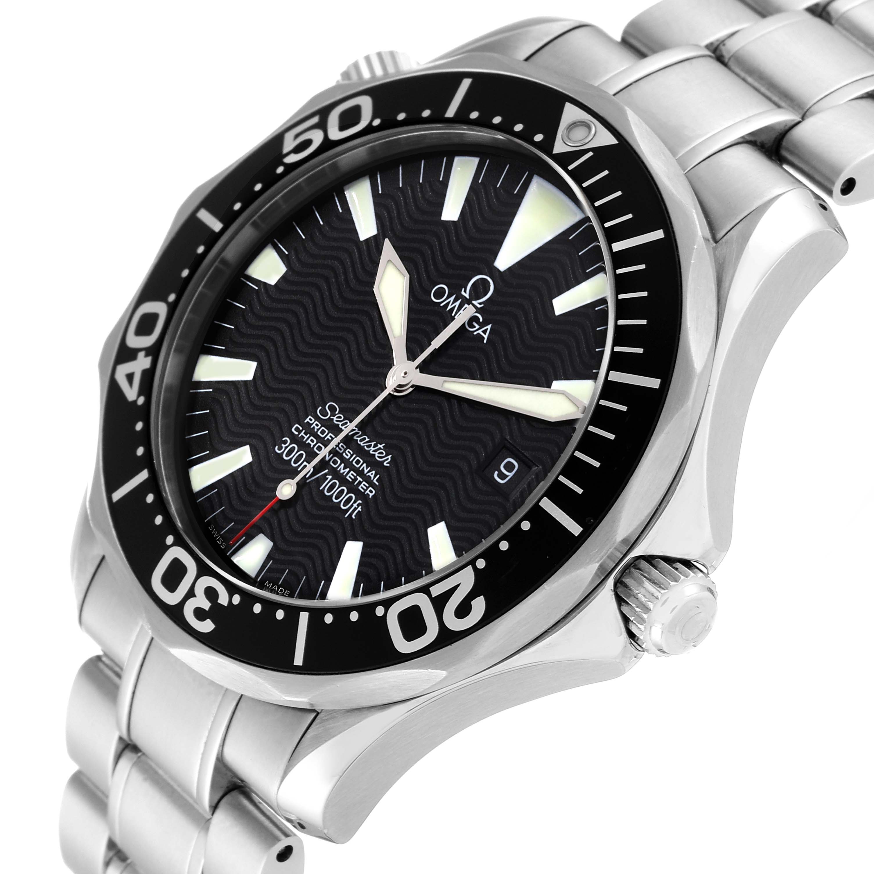 The image shows an angled side view of an Omega Seamaster 2254.50.00 Men
s Stainless Steel Black Dial 2254.50.00 Men
s Stainless Steel Black Dial watch, highlighting the face, bezel, and part of the stainless steel bracelet.