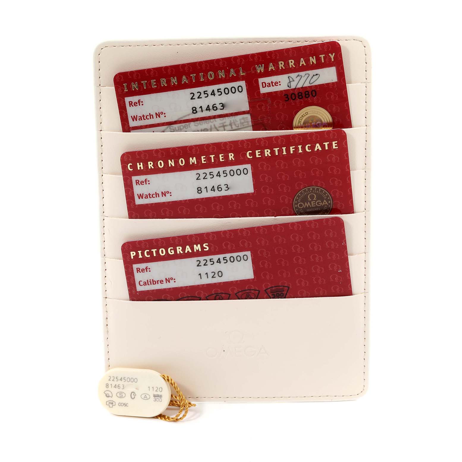 This image shows warranty cards and a tag for the Omega Seamaster 2254.50.00 Men
s Stainless Steel Black Dial 2254.50.00 Men
s Stainless Steel Black Dial model.