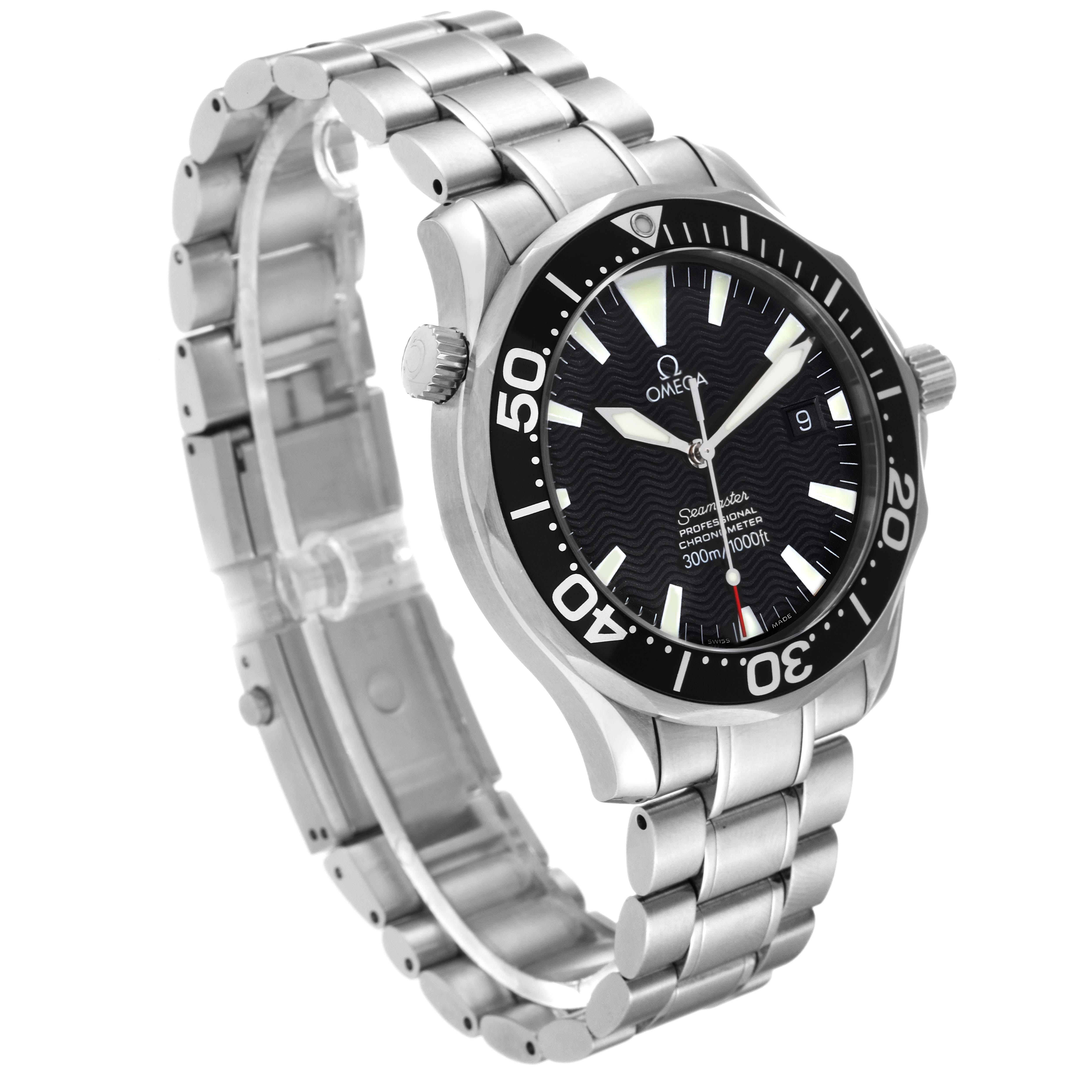 This image shows a side angle of the Omega Seamaster 2254.50.00 Men
s Stainless Steel Black Dial 2254.50.00 Men
s Stainless Steel Black Dial, highlighting the watch face, bezel, crown, and metal bracelet.