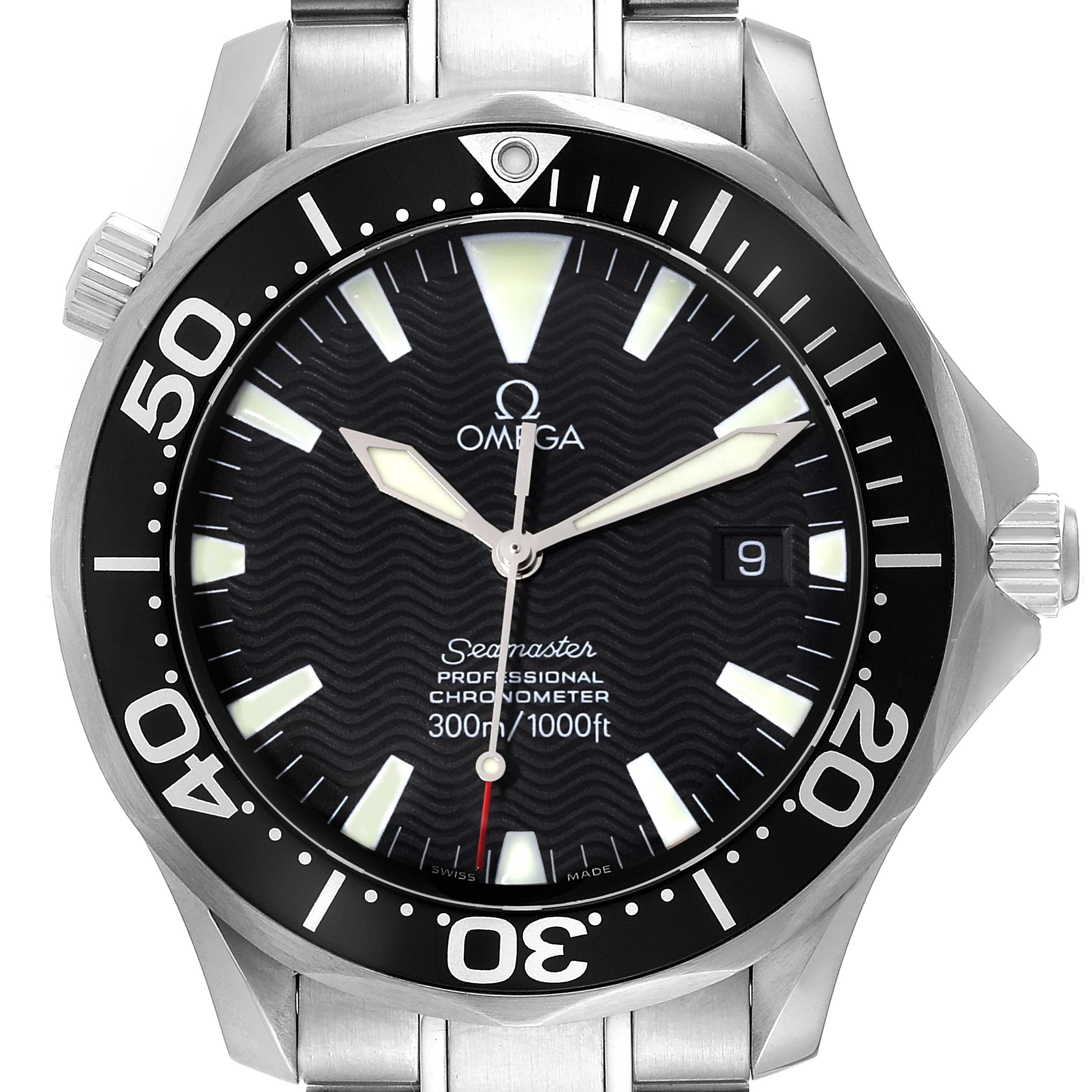 The image shows a front view of an Omega Seamaster 2254.50.00 Men
s Stainless Steel Black Dial 2254.50.00 Men
s Stainless Steel Black Dial watch, highlighting the dial, bezel, hands, and bracelet.
