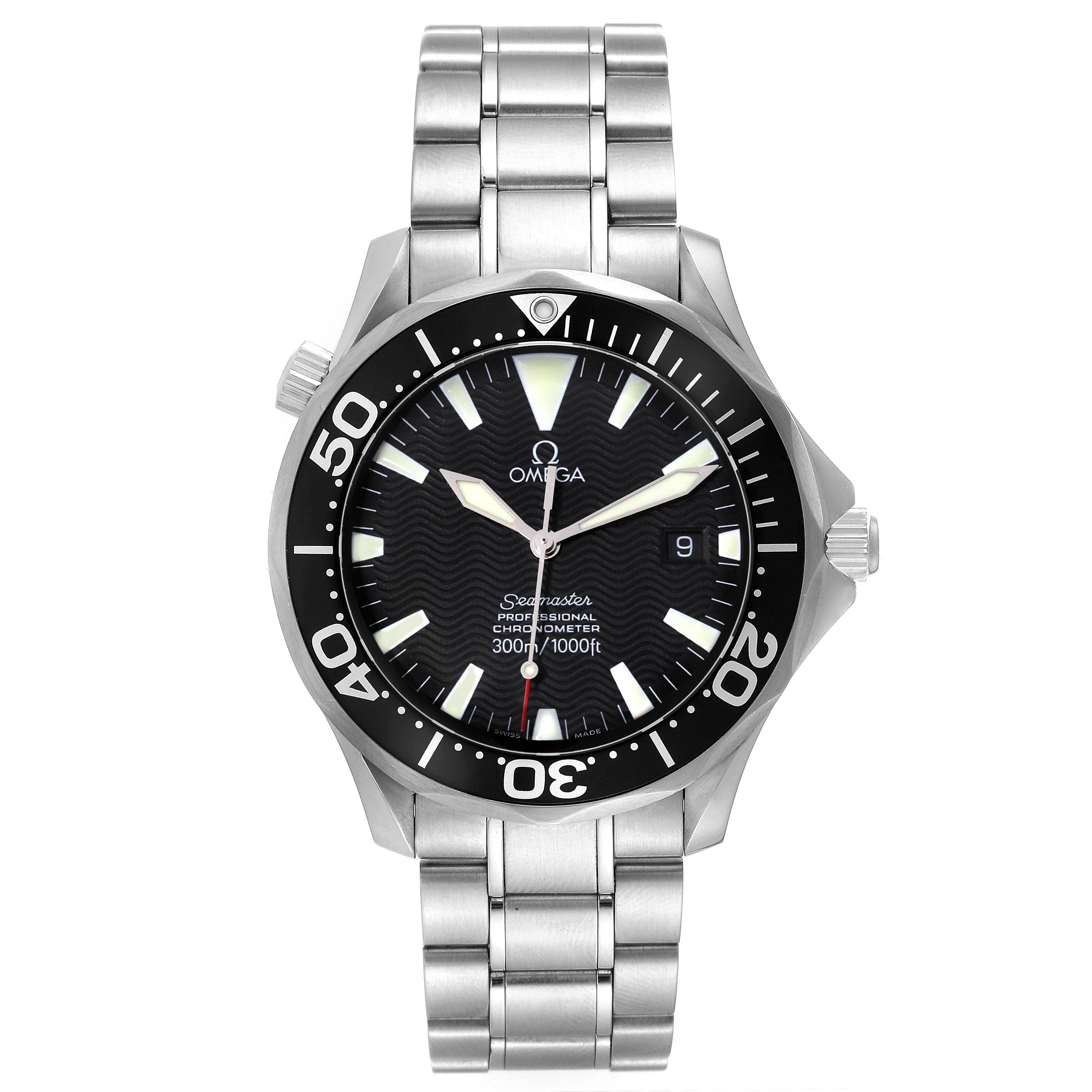 This image shows a front view of the Omega Seamaster 2254.50.00 Men
s Stainless Steel Black Dial 2254.50.00 Men
s Stainless Steel Black Dial watch, displaying its bezel, dial, hands, bracelet, and crown.
