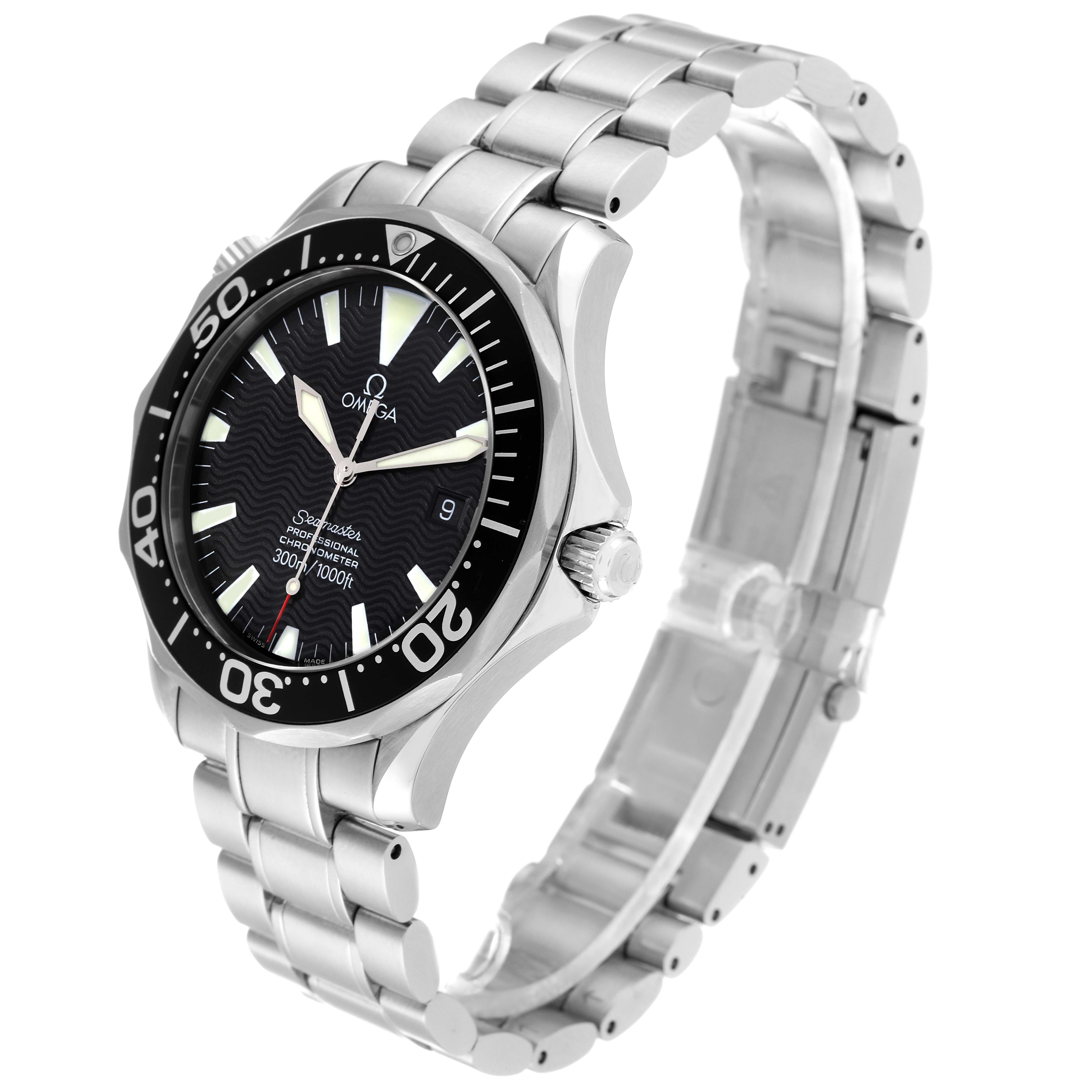 The Omega Seamaster 2254.50.00 Men
s Stainless Steel Black Dial 2254.50.00 Men
s Stainless Steel Black Dial model is shown at a side angle, highlighting its stainless steel band, bezel, crown, and black dial.