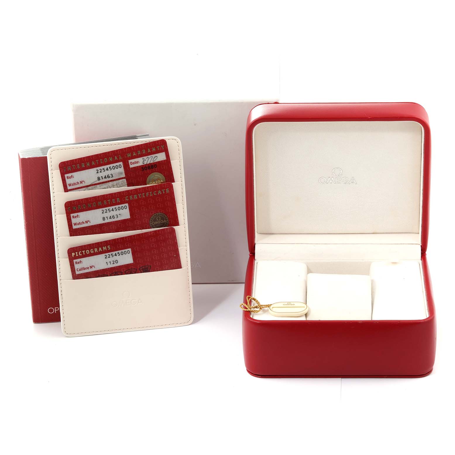 The image shows a red Omega Seamaster 2254.50.00 Men
s Stainless Steel Black Dial 2254.50.00 Men
s Stainless Steel Black Dial box, warranty cards, a white cardholder, and a red Omega booklet.