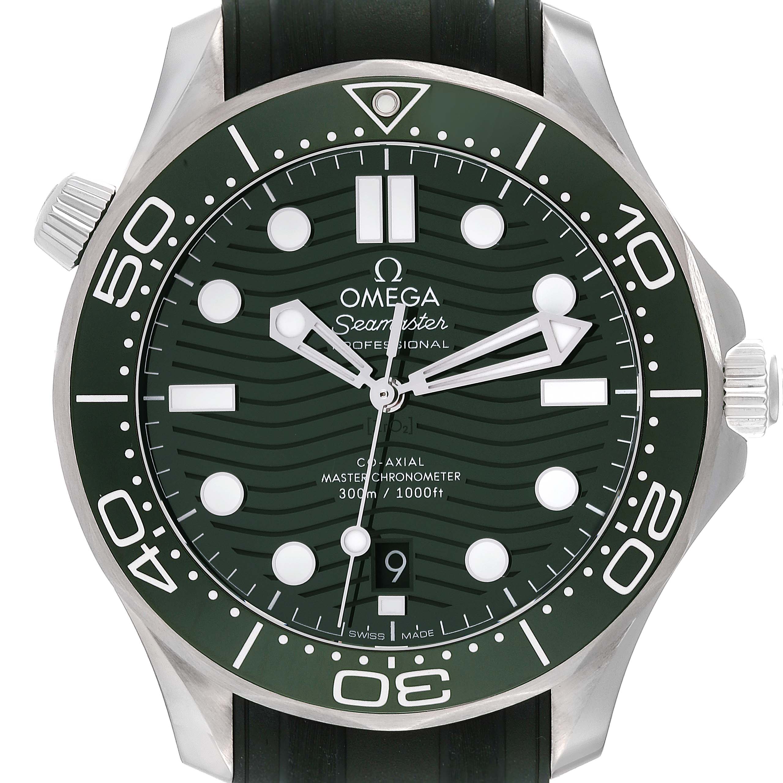 The image shows a front view of the Omega Seamaster 210.32.42.20.10.001 Men's Stainless Steel Green Dial 210.32.42.20.10.001 Men's Stainless Steel Green Dial watch, highlighting the dial, hands, bezel, and crown.