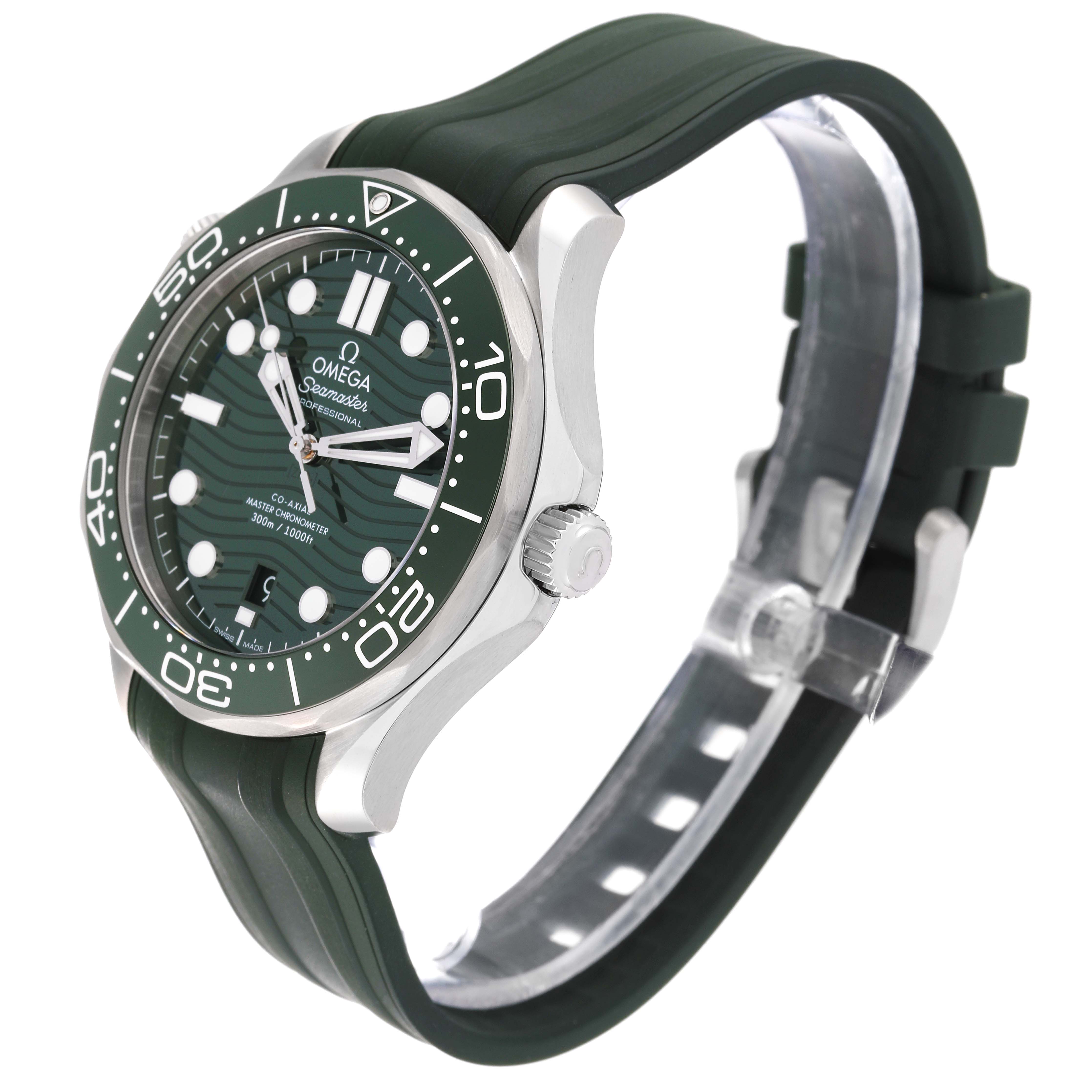 The Omega Seamaster 210.32.42.20.10.001 Men's Stainless Steel Green Dial 210.32.42.20.10.001 Men's Stainless Steel Green Dial watch is shown at a three-quarter angle, highlighting the green bezel, dial, case, and strap.