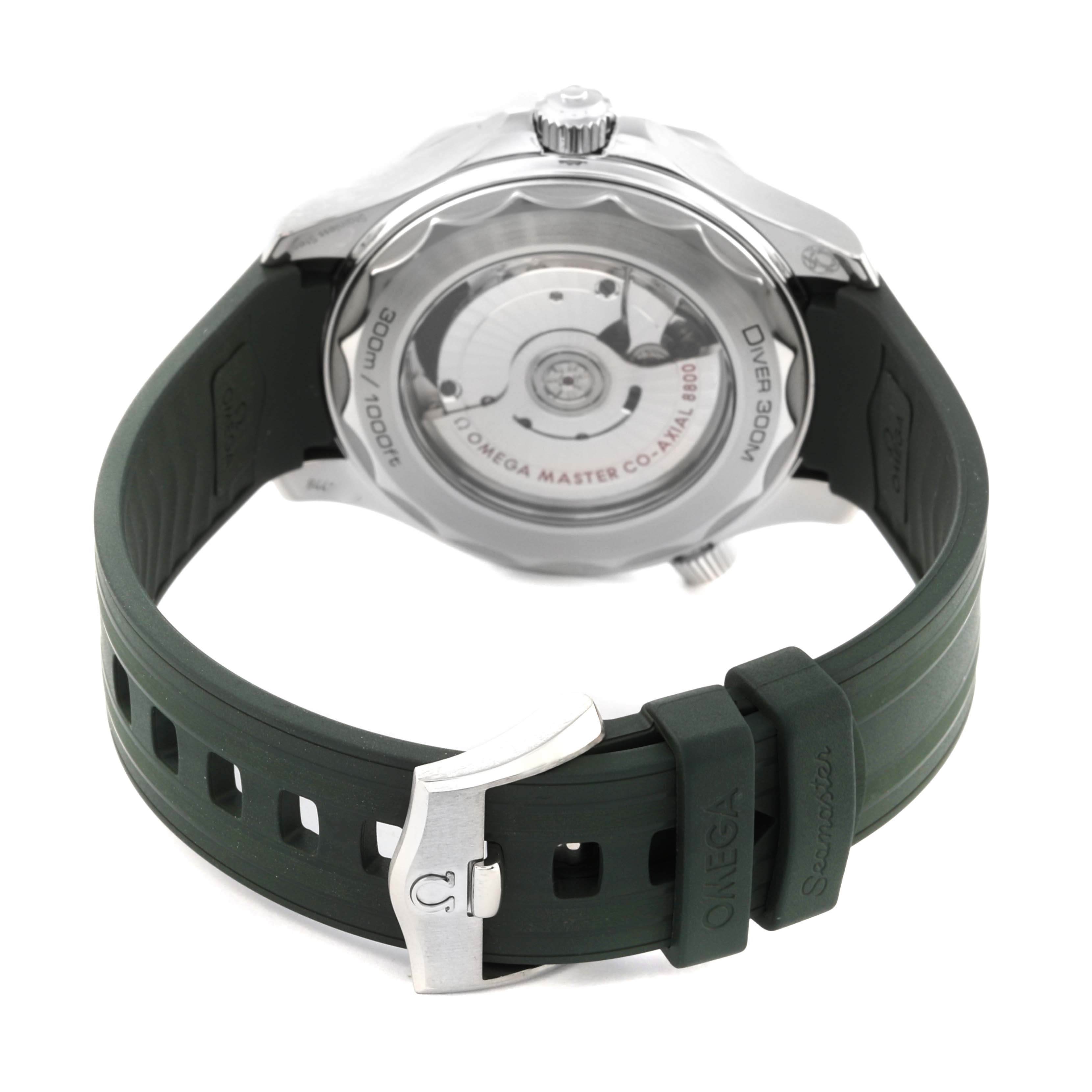 The image shows the back view of an Omega Seamaster 210.32.42.20.10.001 Men's Stainless Steel Green Dial 210.32.42.20.10.001 Men's Stainless Steel Green Dial watch, highlighting the case back and dark green strap.