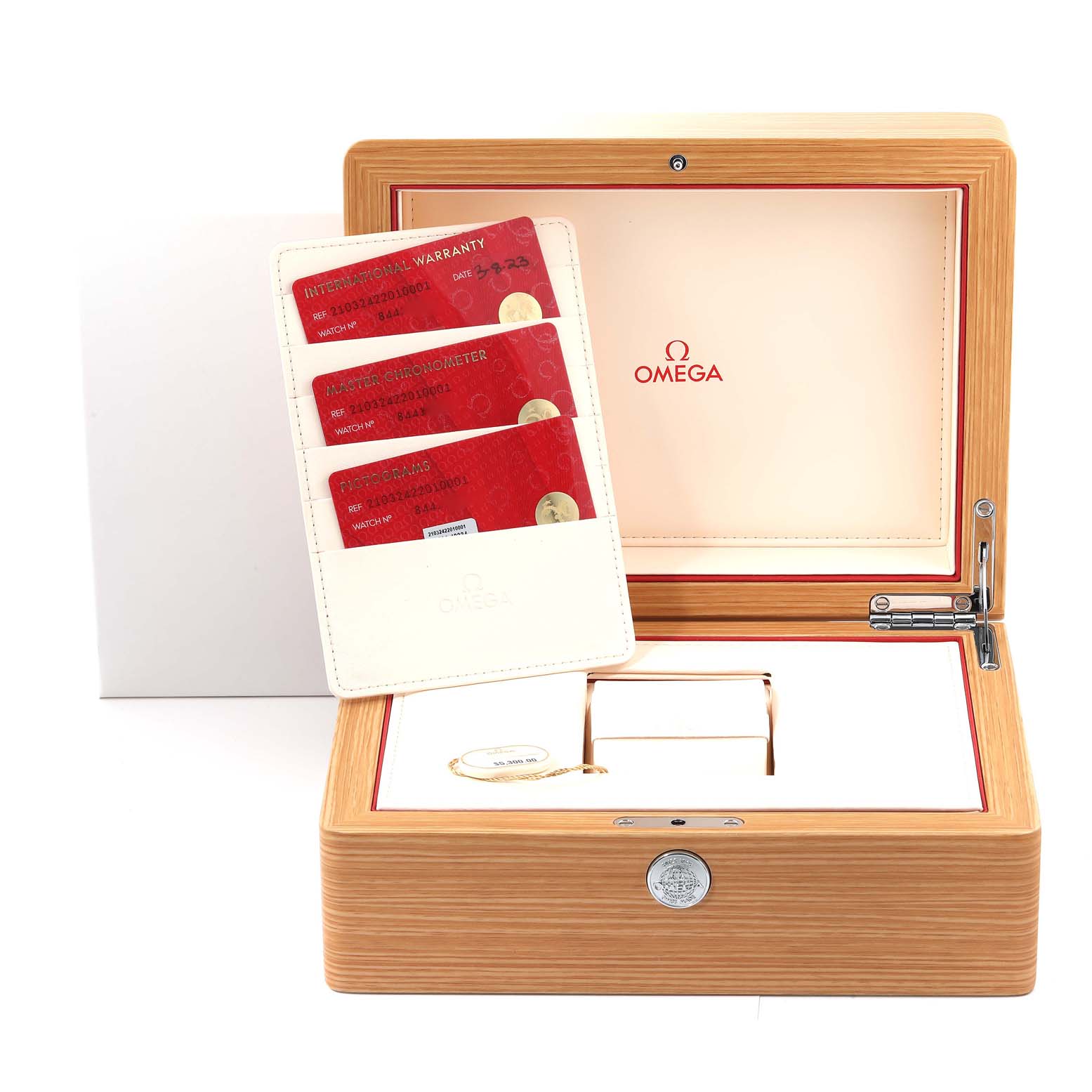 The image shows a wooden Omega Seamaster 210.32.42.20.10.001 Men's Stainless Steel Green Dial 210.32.42.20.10.001 Men's Stainless Steel Green Dial watch box with warranty cards and accessories, viewed from the front.